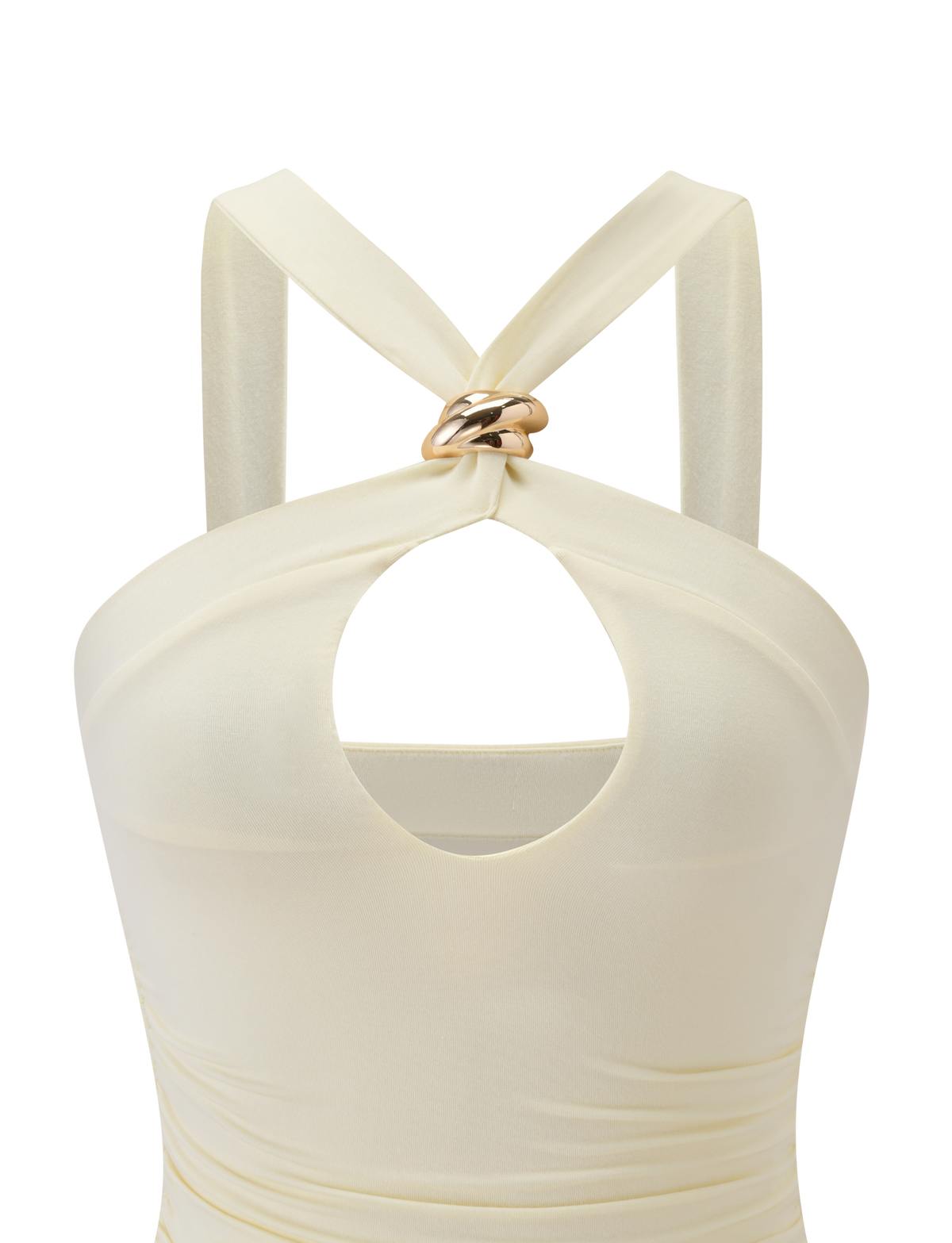 The TIGERMIST FINCH TOP in cream features wide straps crossing at the back, a smooth fitted fabric, and a keyhole cutout below twisted gold hardware.