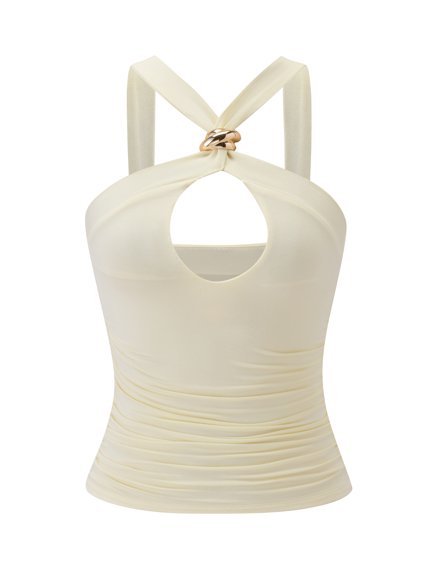 The FINCH TOP - CREAM by TIGERMIST features wide crisscross straps, a twisted gold ring at the neckline, a keyhole cutout, and slightly ruched fabric for a flattering, fitted look.