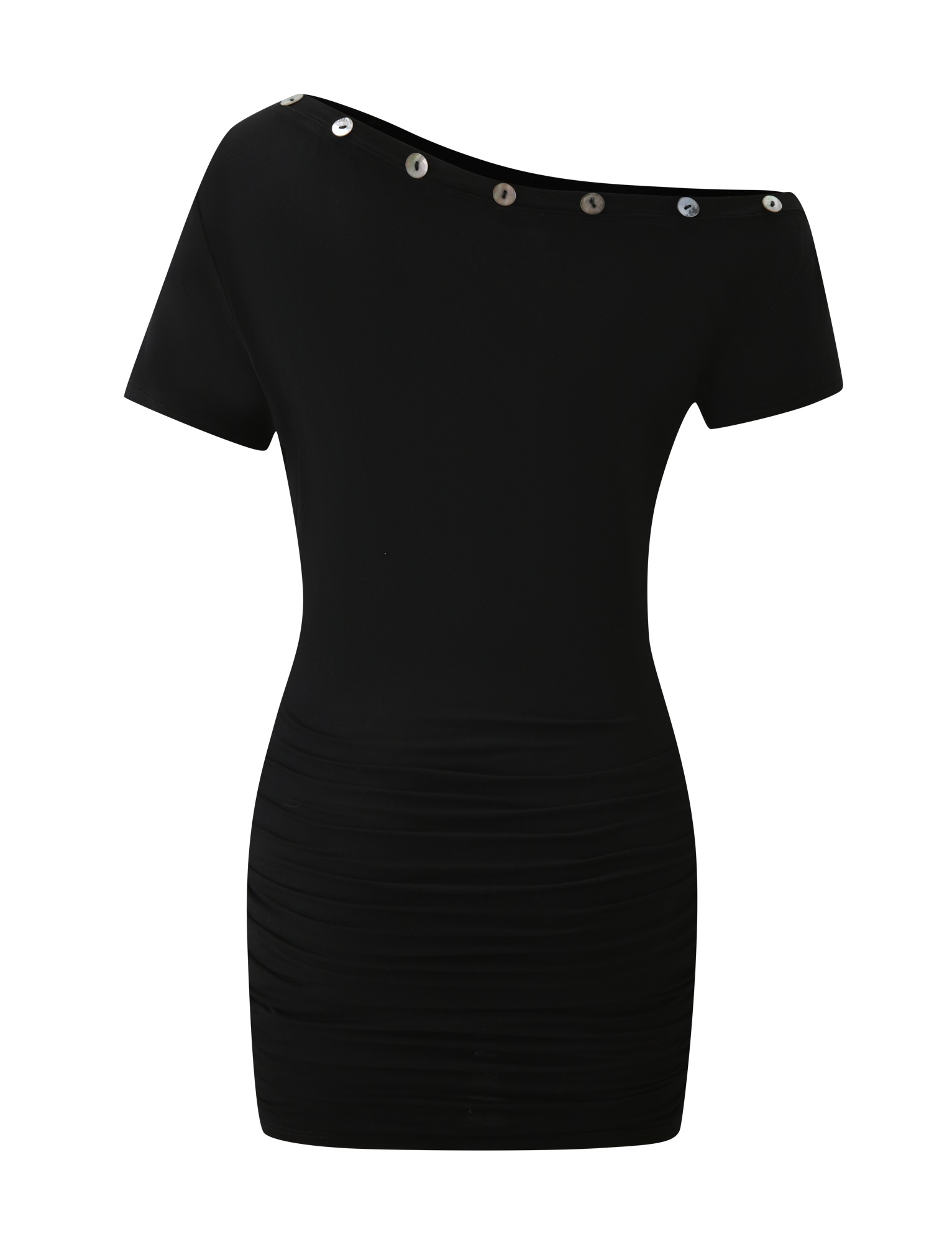 The TIGERMIST MARITA DRESS - BLACK is a fitted mini dress featuring an asymmetrical neckline, short sleeves, metallic button details along the top edge, and subtle ruching at the hips for a flattering look.