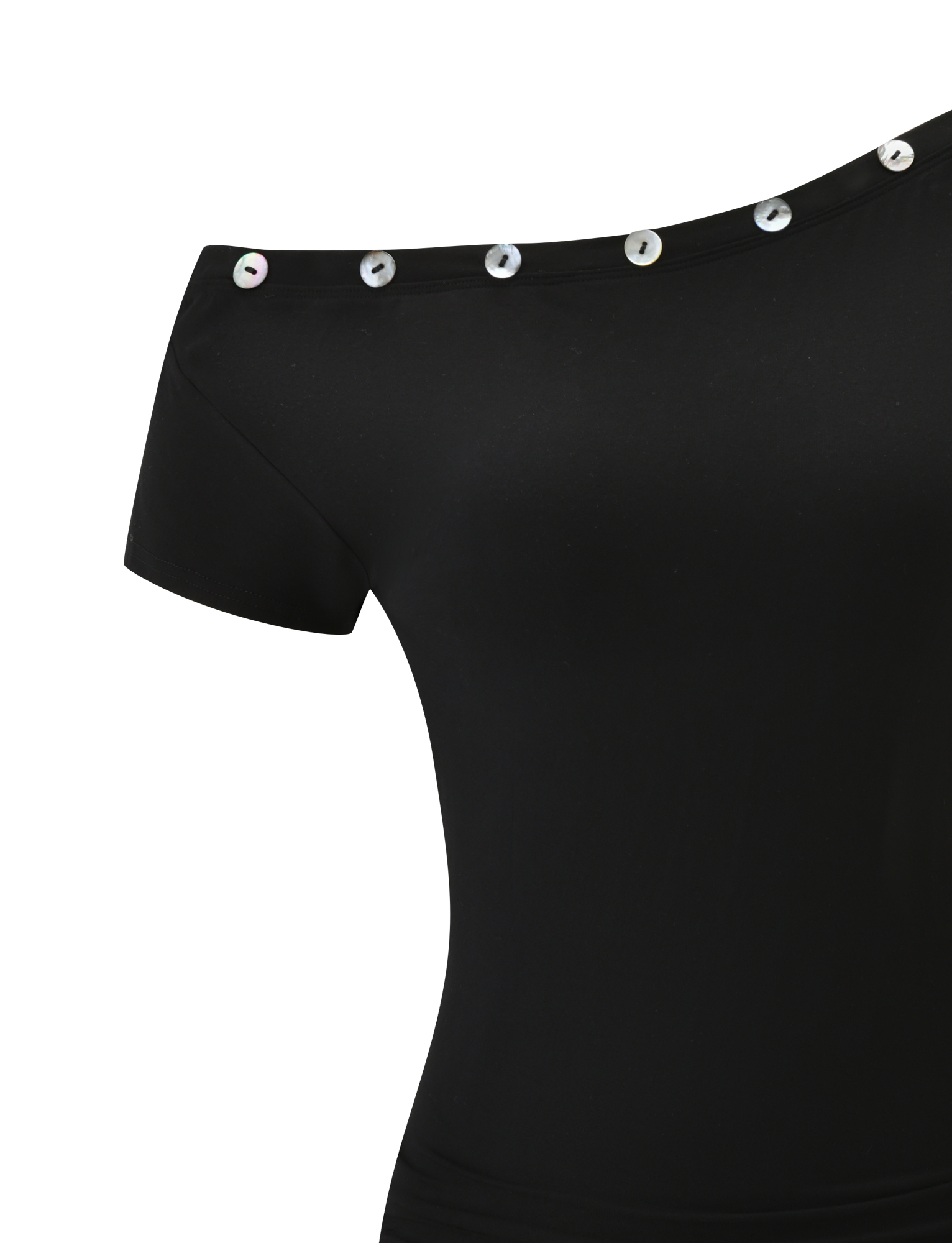 The MARITA DRESS - BLACK by TIGERMIST features an off-shoulder design, short sleeves, an asymmetrical neckline, and shiny round buttons along the collar.