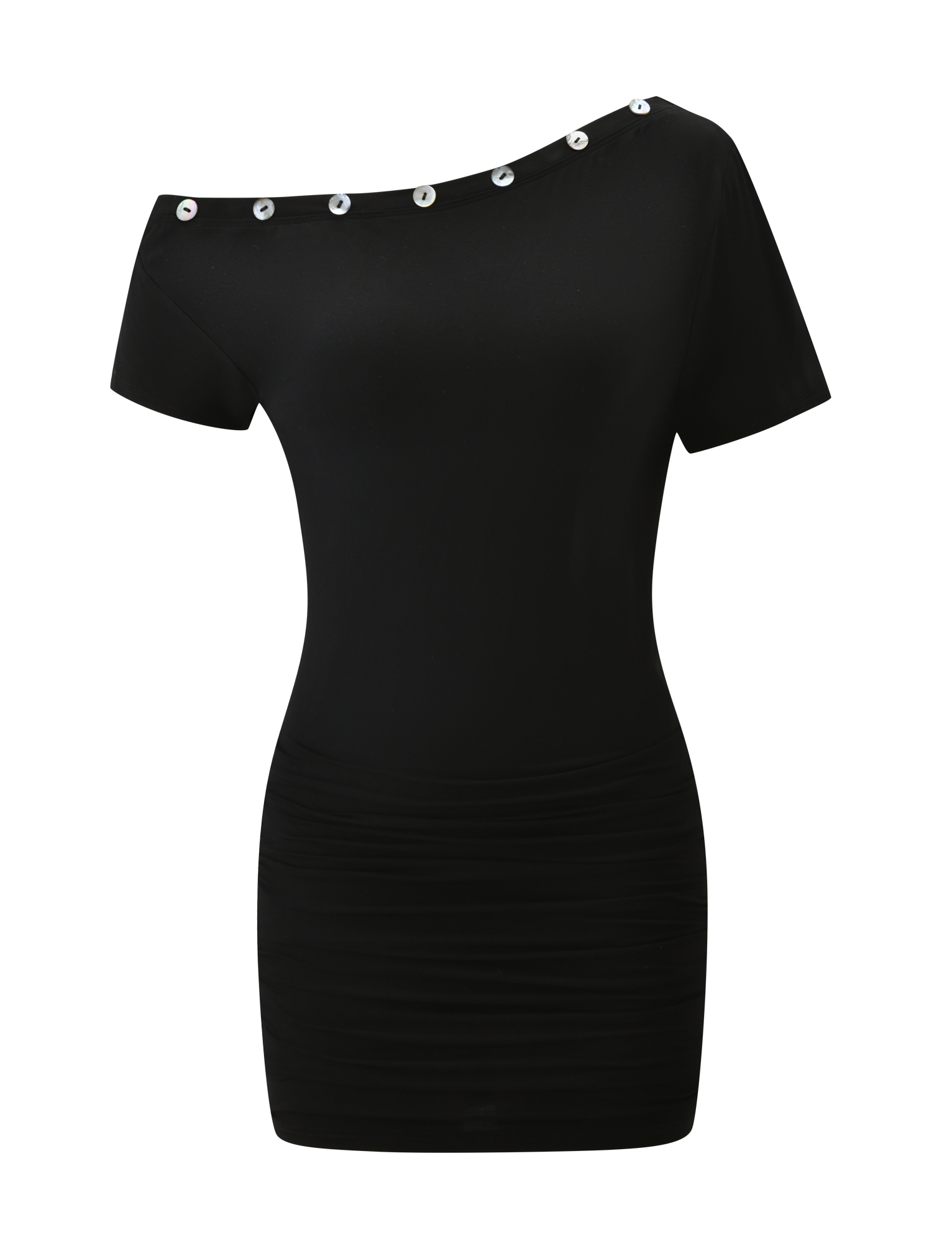 The MARITA DRESS - BLACK by TIGERMIST is a black mini dress with a fitted silhouette, asymmetrical neckline accented by large silver buttons, above-the-knee hem, and smooth, stretchy fabric for a sleek look.
