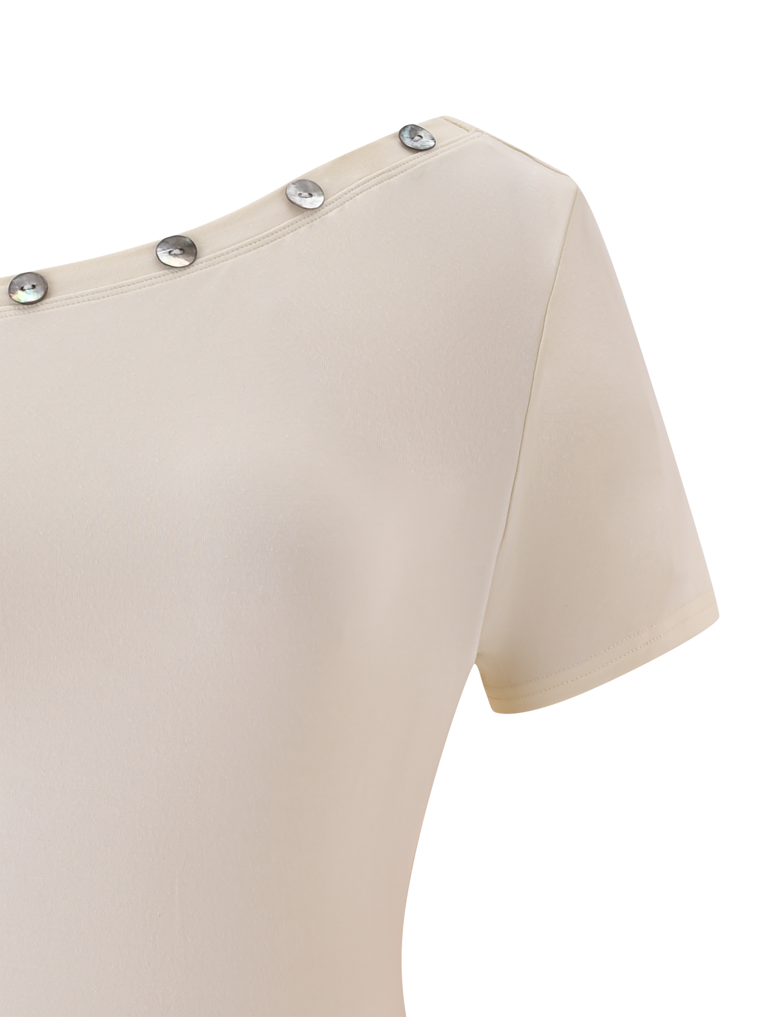 Close-up of the TIGERMIST MARITA MINI DRESS in cream, a light beige short-sleeve jersey dress with metallic buttons on the neckline, displayed against a plain white background.