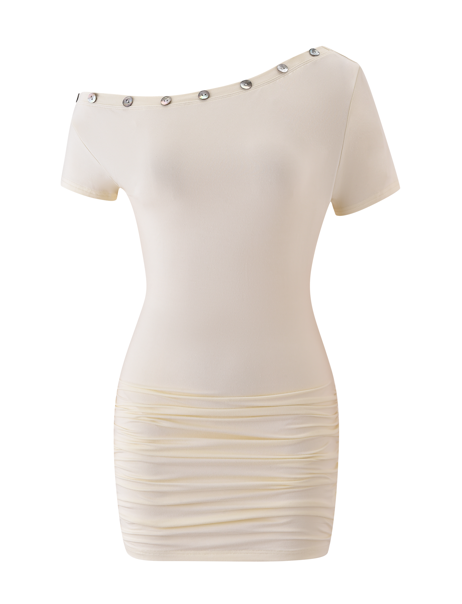 The MARITA MINI DRESS by TIGERMIST in cream is a short-sleeve bodycon mini with an asymmetrical neckline, silver button accents, and ruched skirt detailing.