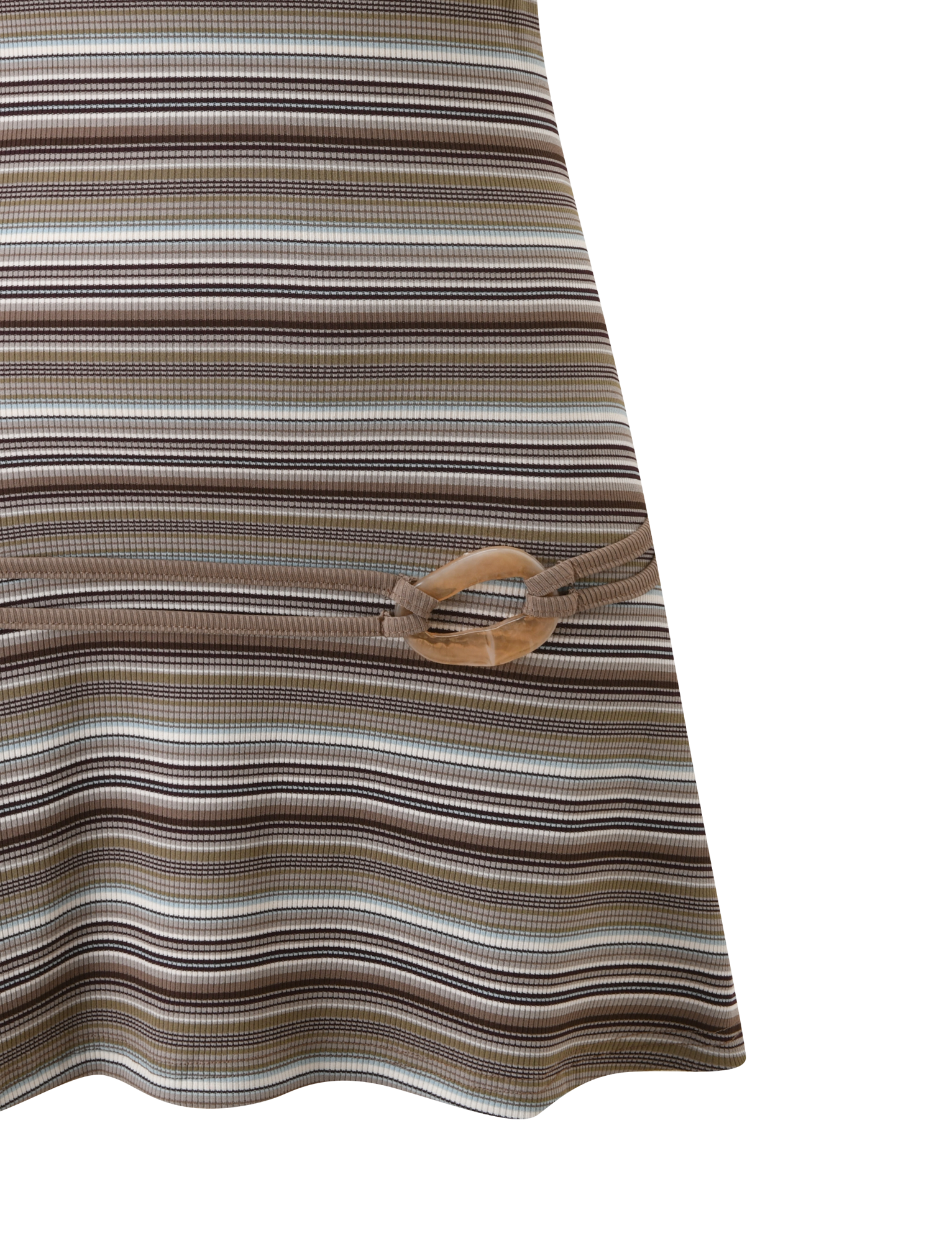 Close-up of the TIGERMIST CELESTE MINI DRESS in brown multistripe, showing horizontal brown, beige, white, and blue stripes with a tan circular buckle detail on the right side against a white background.