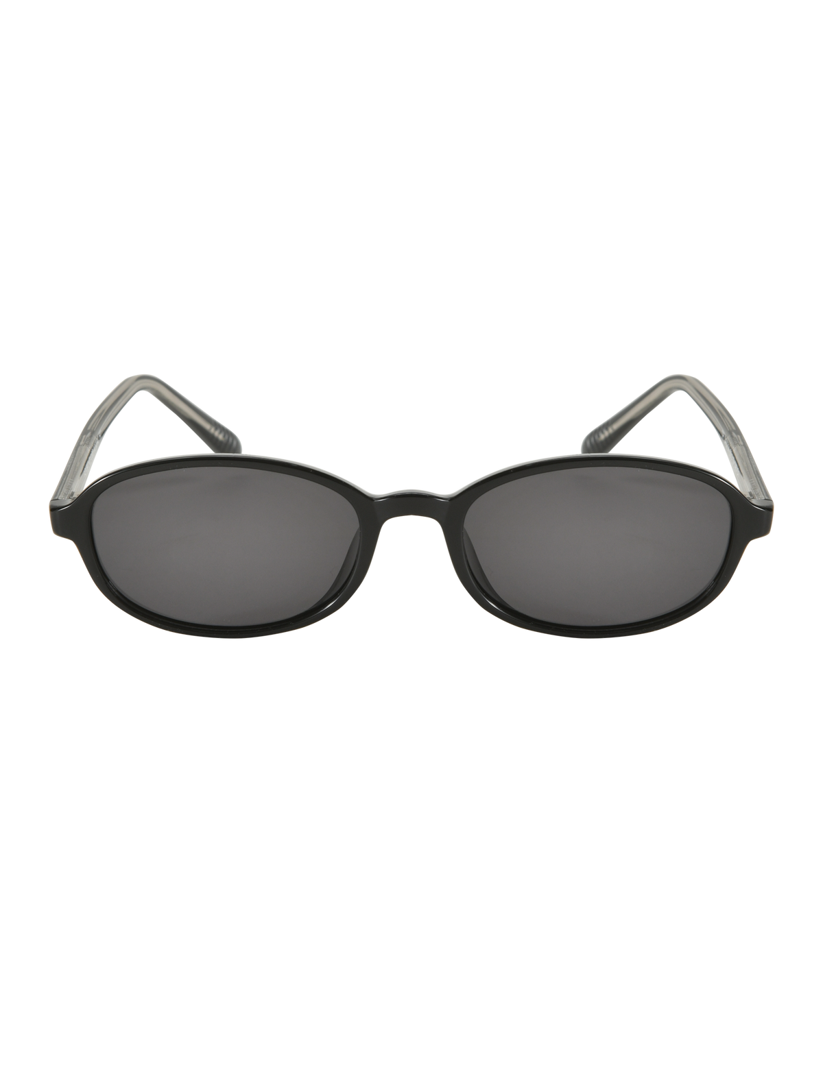 The TIGERMIST ESTA GLASSES - BLACK are black oval sunglasses with UV400 protection, dark lenses, and clear, slightly curved arms, shown against a white background.