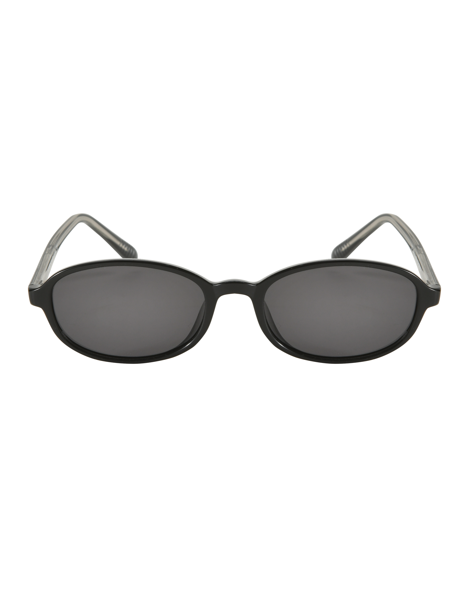 The TIGERMIST ESTA GLASSES - BLACK are black oval sunglasses with UV400 protection, dark lenses, and clear, slightly curved arms, shown against a white background.