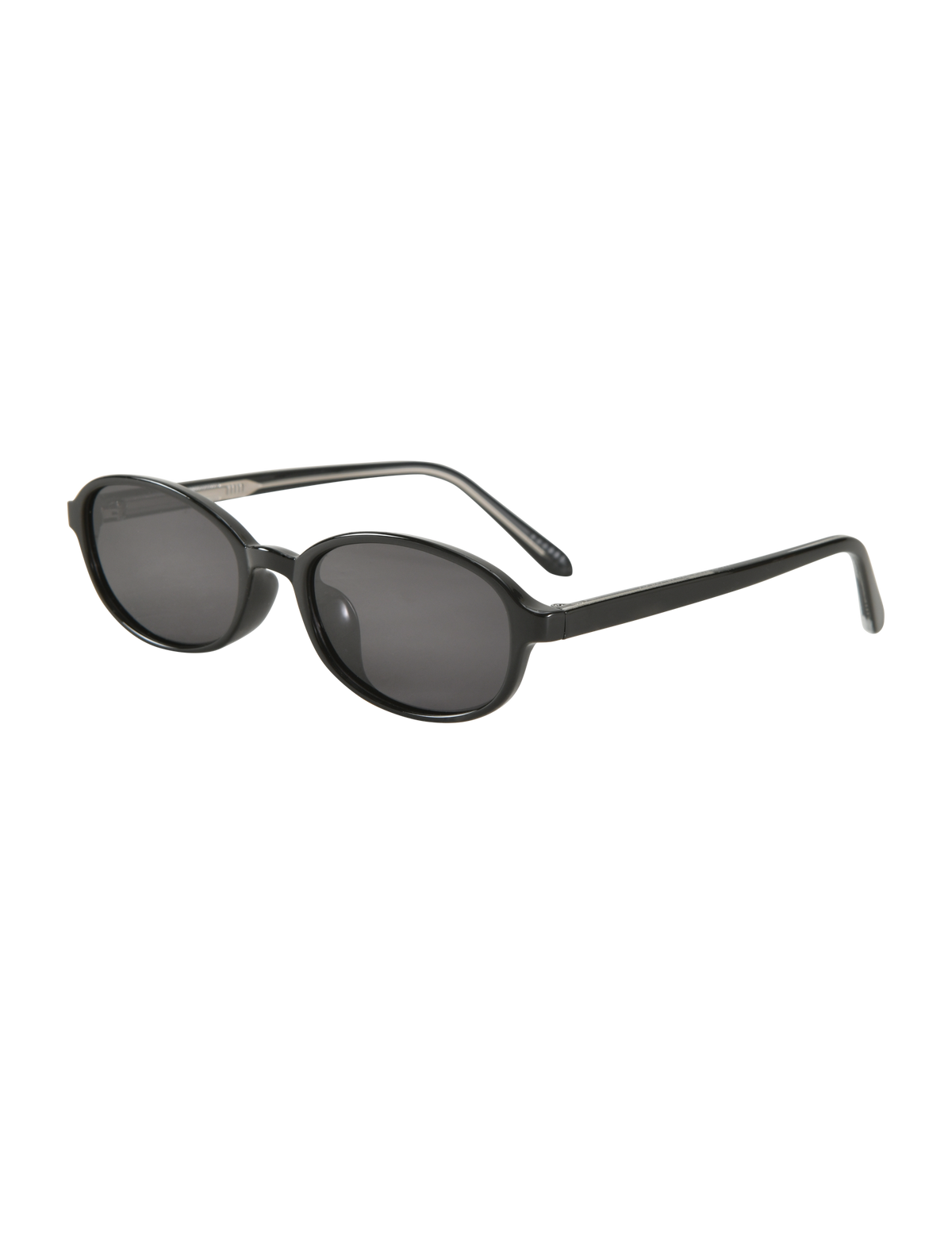 The TIGERMIST ESTA GLASSES - BLACK feature a smooth, glossy oval frame with dark UV400-protected lenses. Shown angled against a white background, they offer a classic and simple design.