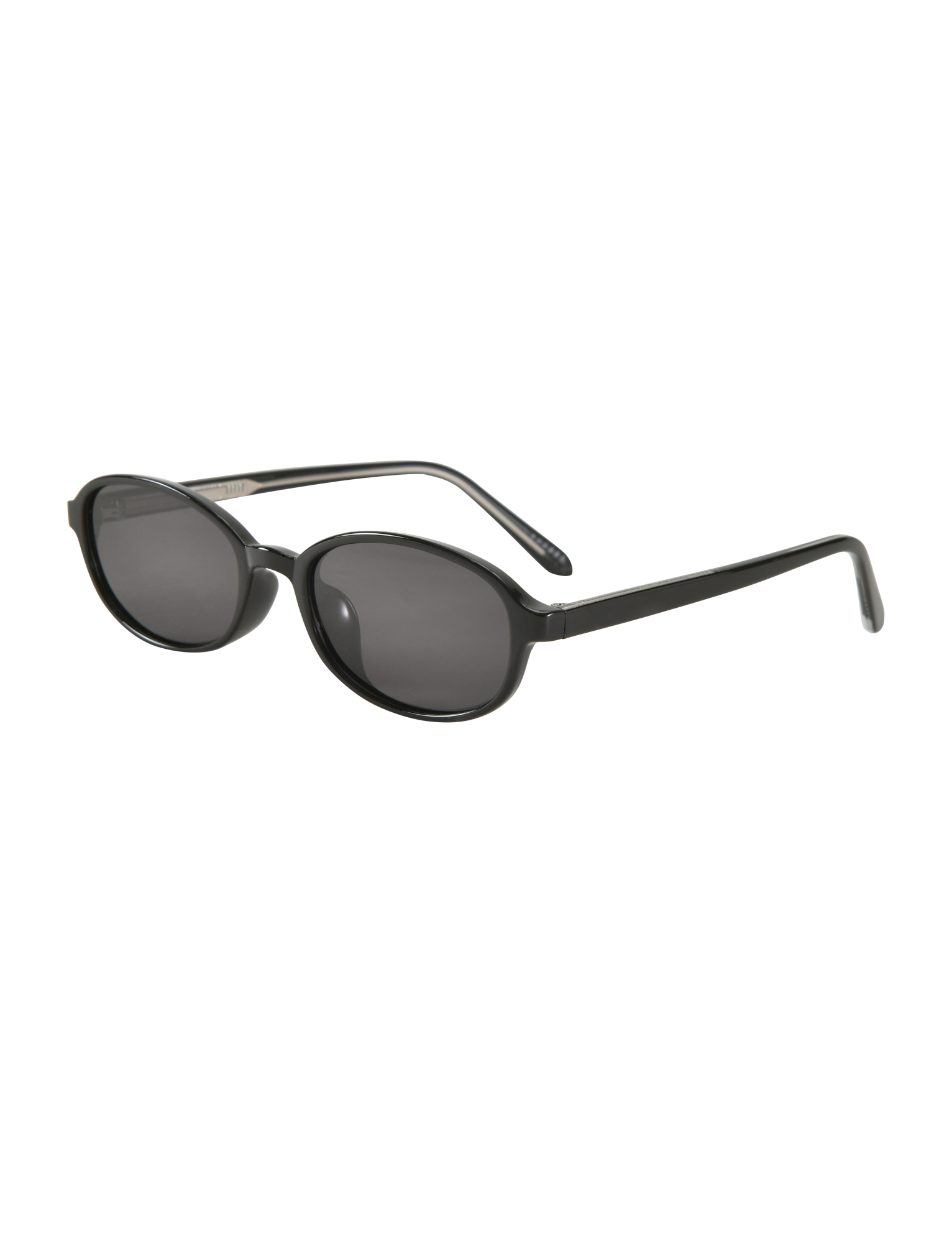 The TIGERMIST ESTA GLASSES - BLACK feature a smooth, glossy oval frame with dark UV400-protected lenses. Shown angled against a white background, they offer a classic and simple design.