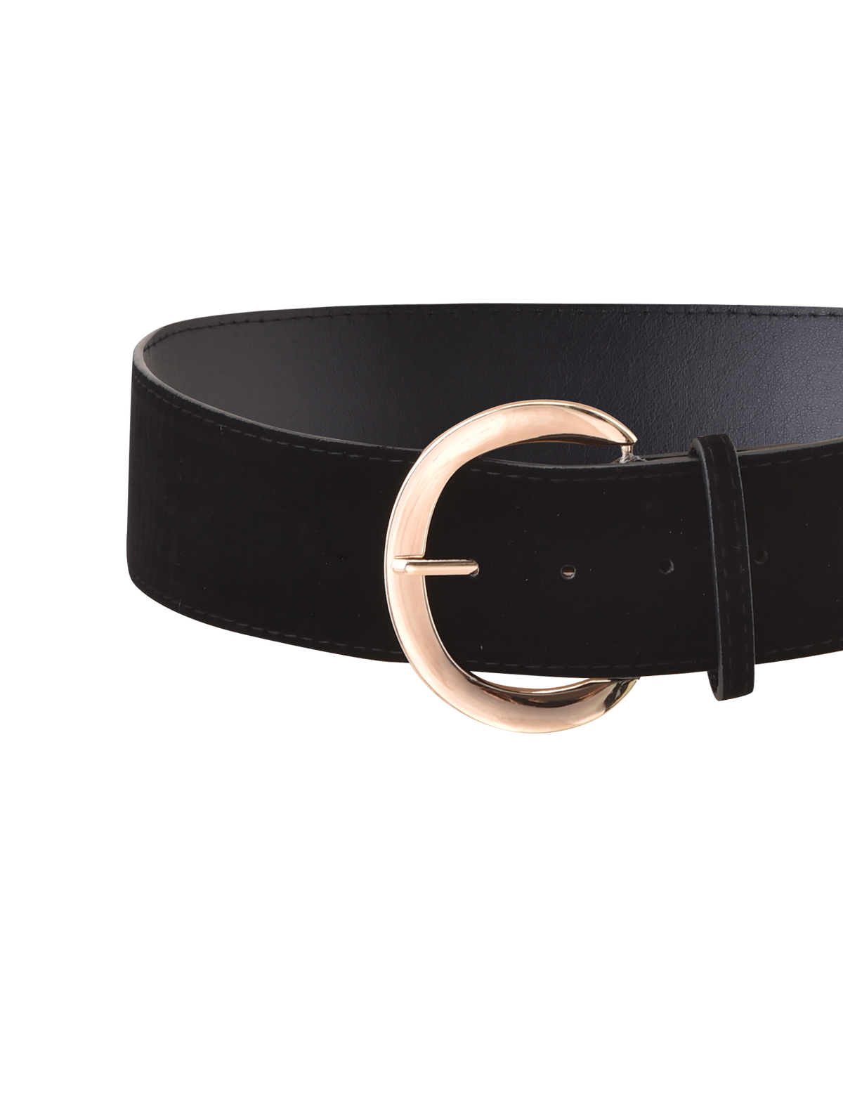 The SANDY BELT - BLACK by TIGERMIST features a wide black faux suede strap and an oversized gold buckle, displayed against a plain white background.