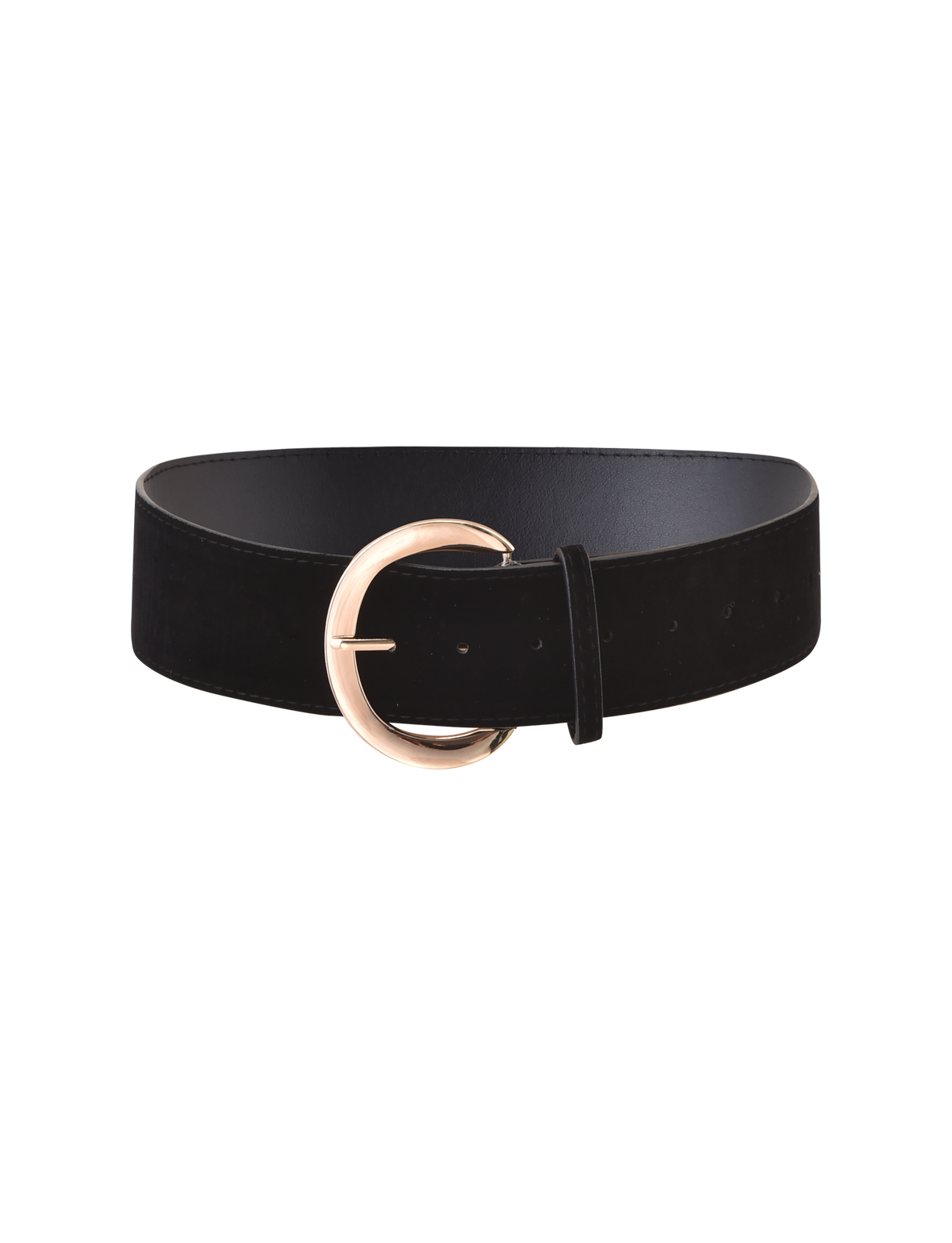 The SANDY BELT - BLACK by TIGERMIST is a wide black faux suede belt featuring an oversized gold buckle, shown against a plain white background.
