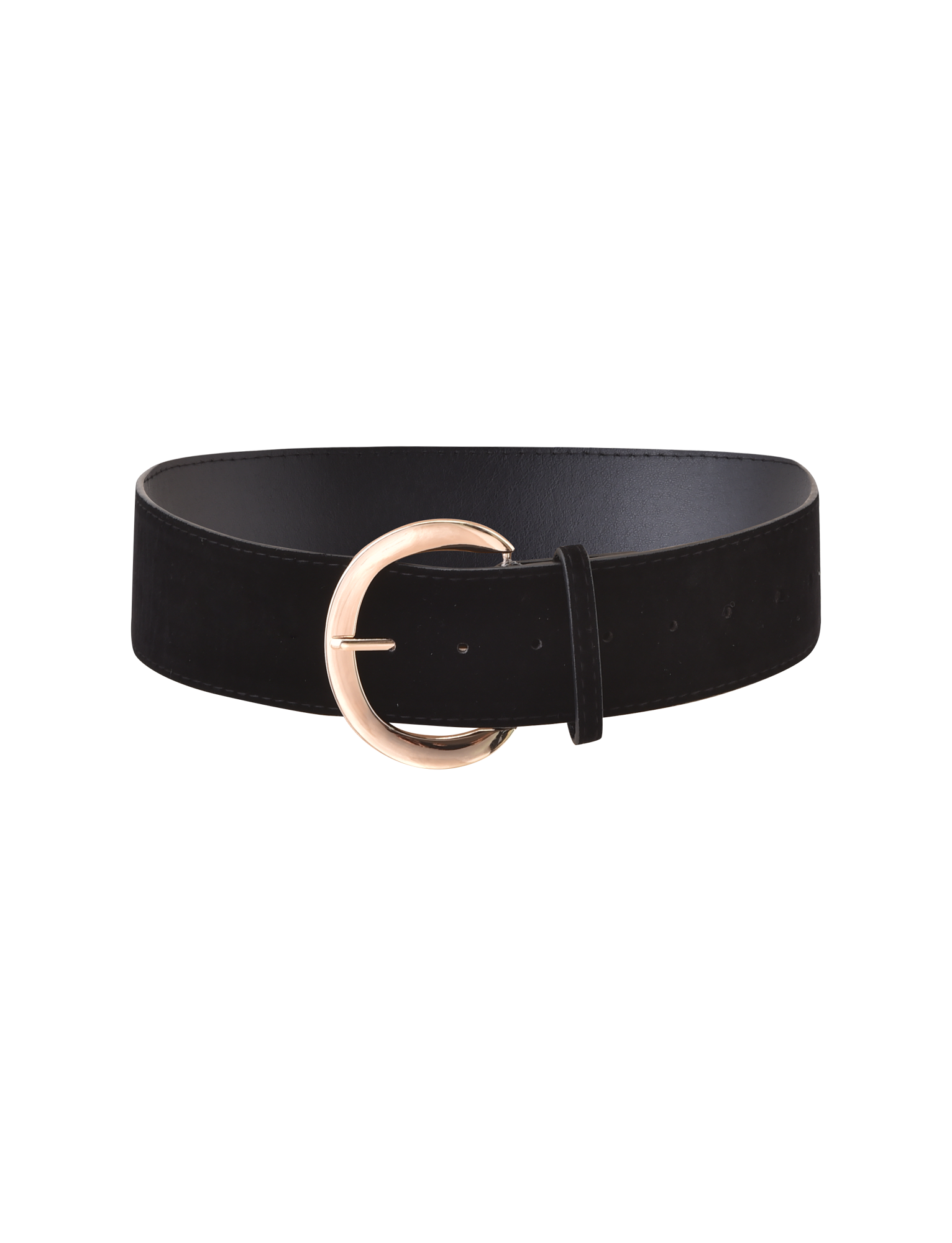 The SANDY BELT - BLACK by TIGERMIST is a wide black faux suede belt featuring an oversized gold buckle, shown against a plain white background.