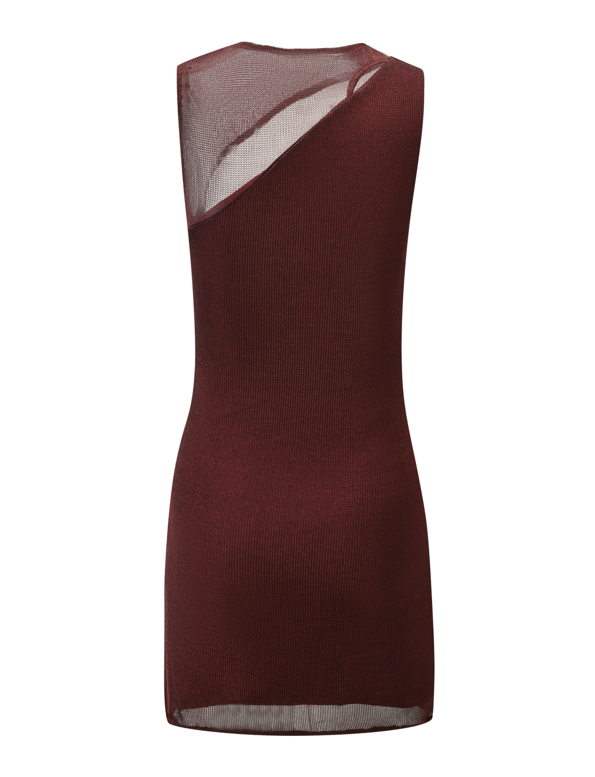 The AZELMA DRESS - BROWN by TIGERMIST is a sleeveless, form-fitting mini dress with an asymmetrical sheer mesh panel on the upper back and shoulder, featuring a seamless design and straight hem for a modern look.