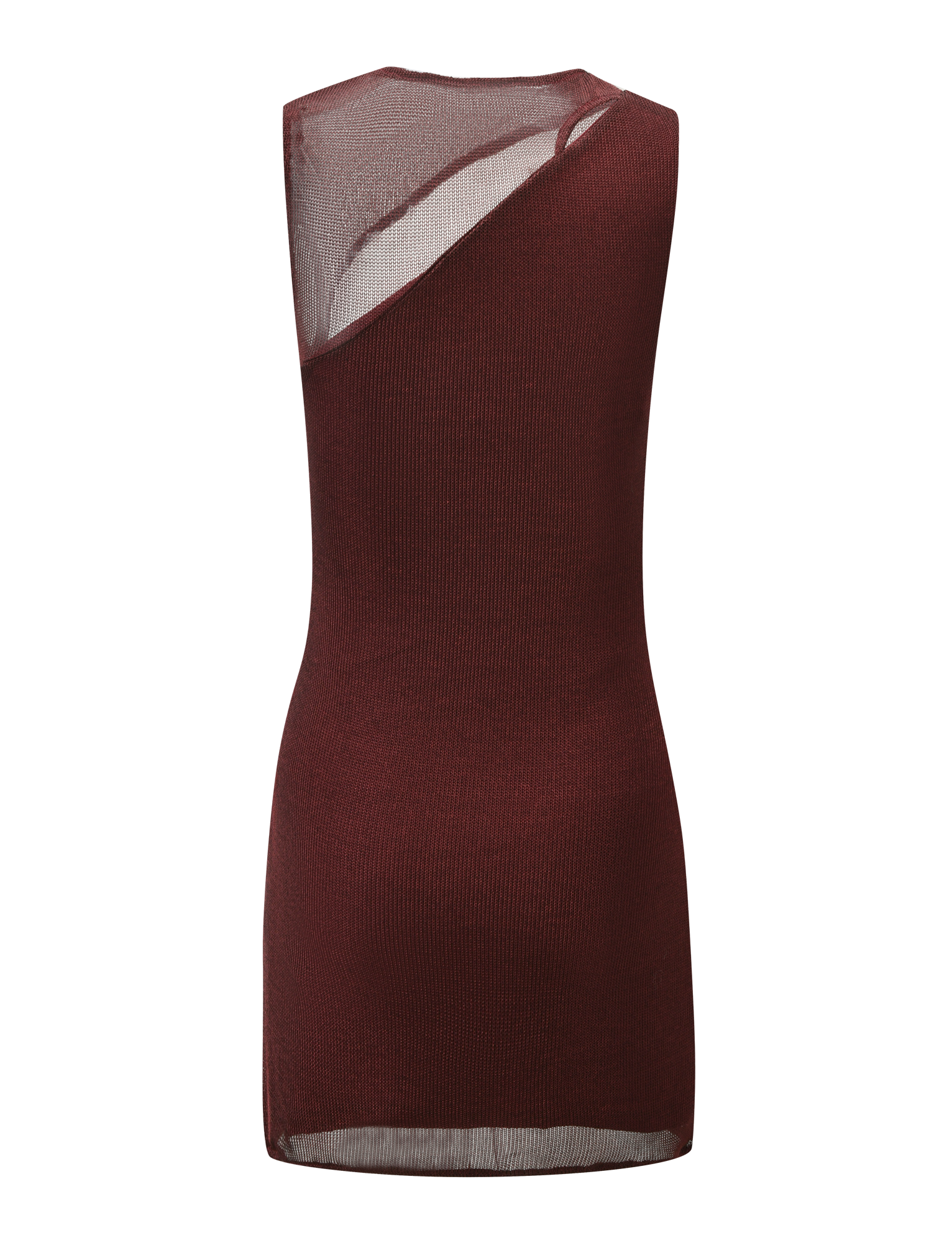 The AZELMA DRESS - BROWN by TIGERMIST is a sleeveless, form-fitting mini dress with an asymmetrical sheer mesh panel on the upper back and shoulder, featuring a seamless design and straight hem for a modern look.