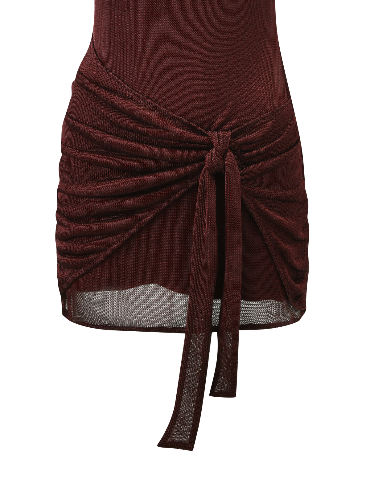 Close-up of the TIGERMIST AZELMA DRESS in brown, featuring ribbed knit fabric, a front tie knot, ruched sides for a fitted look, and an above-the-knee hemline with asymmetrical cutout details.
