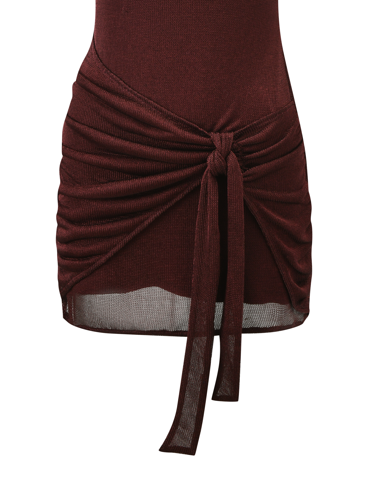 Close-up of the TIGERMIST AZELMA DRESS in brown, featuring ribbed knit fabric, a front tie knot, ruched sides for a fitted look, and an above-the-knee hemline with asymmetrical cutout details.