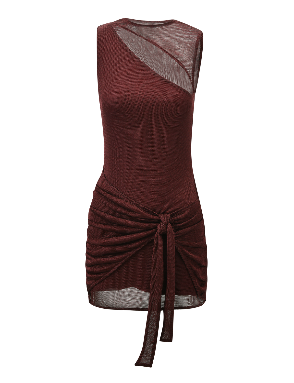 The TIGERMIST AZELMA DRESS - BROWN is a sleeveless mini dress with an asymmetrical sheer neckline, overlay, ruched skirt, tie waist detail, and cutout design for a chic and modern look.