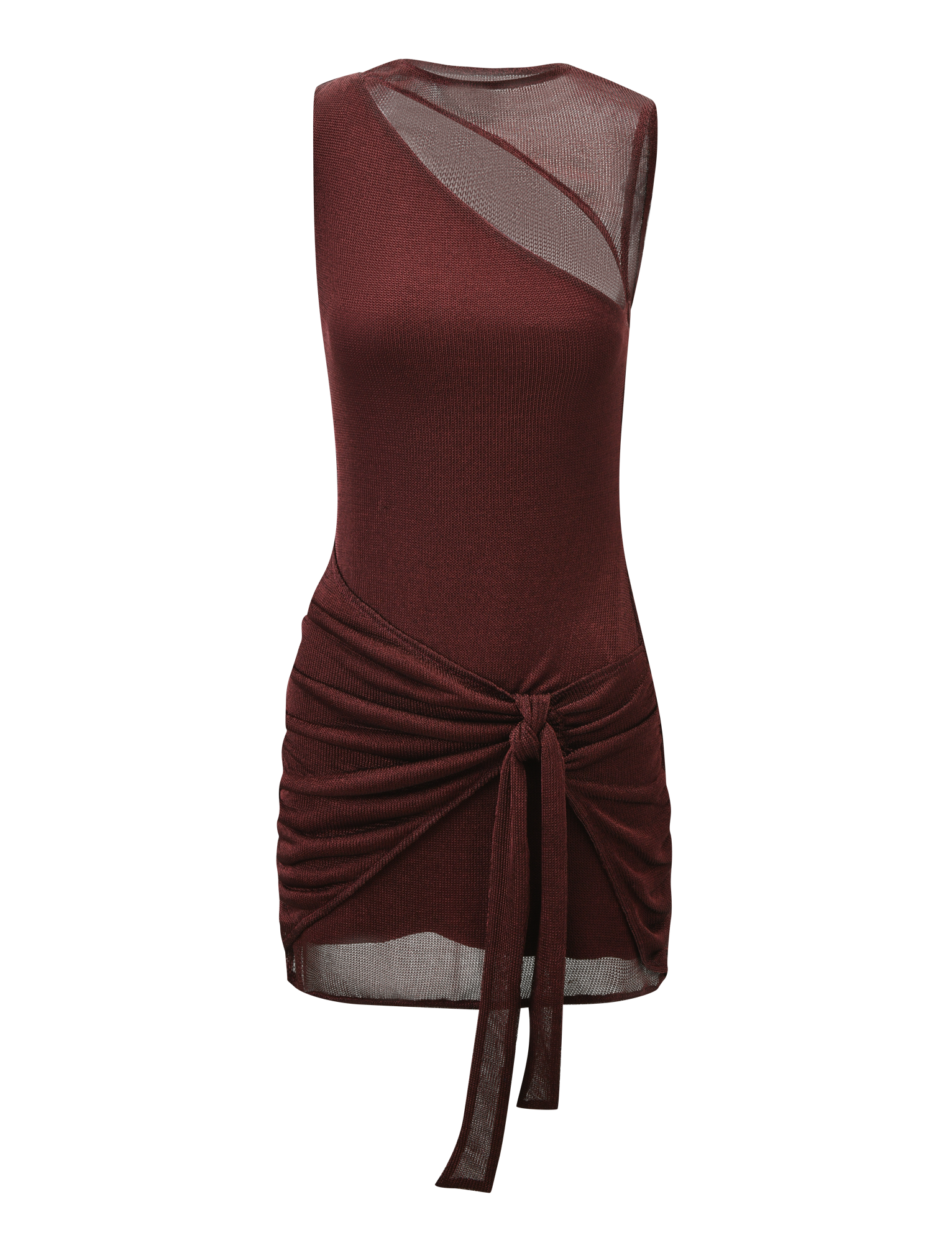 The TIGERMIST AZELMA DRESS - BROWN is a sleeveless mini dress with an asymmetrical sheer neckline, overlay, ruched skirt, tie waist detail, and cutout design for a chic and modern look.