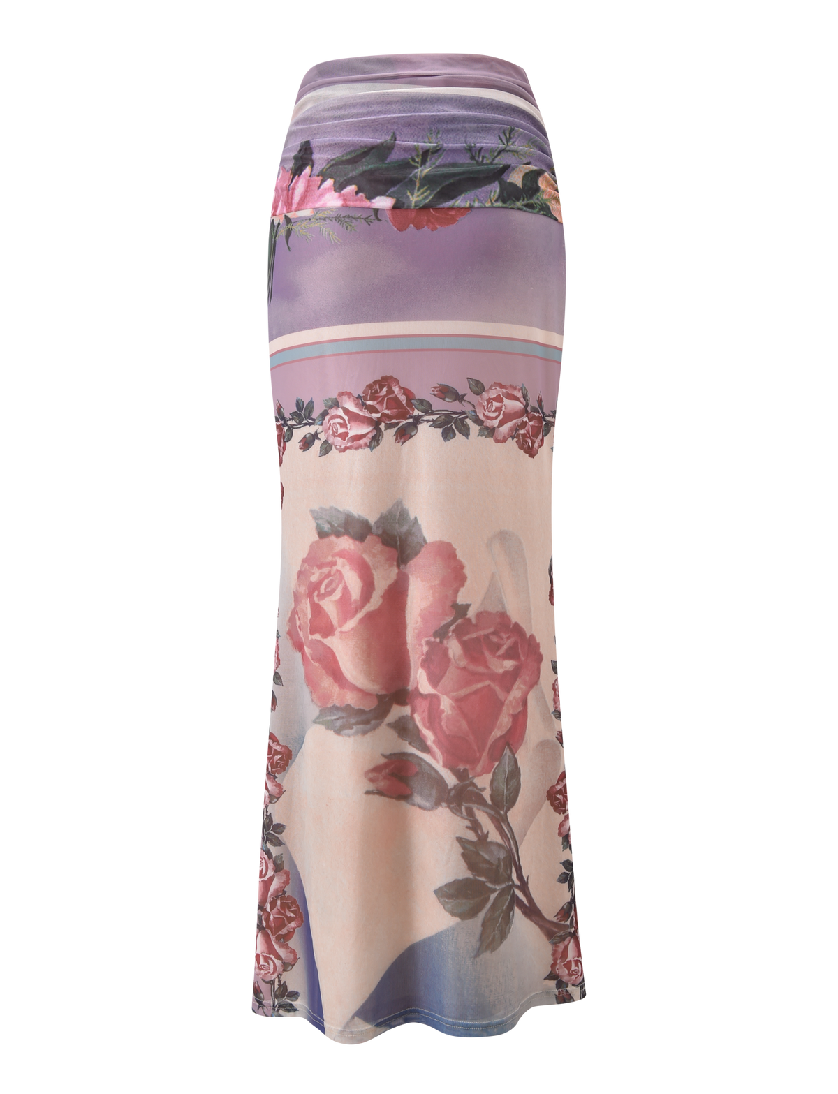 The TIGERMIST RAFFIE MAXI SKIRT - POSTCARD FLORAL is a high-waisted, A-line maxi skirt with a purple and beige gradient, adorned with large pink rose floral prints.