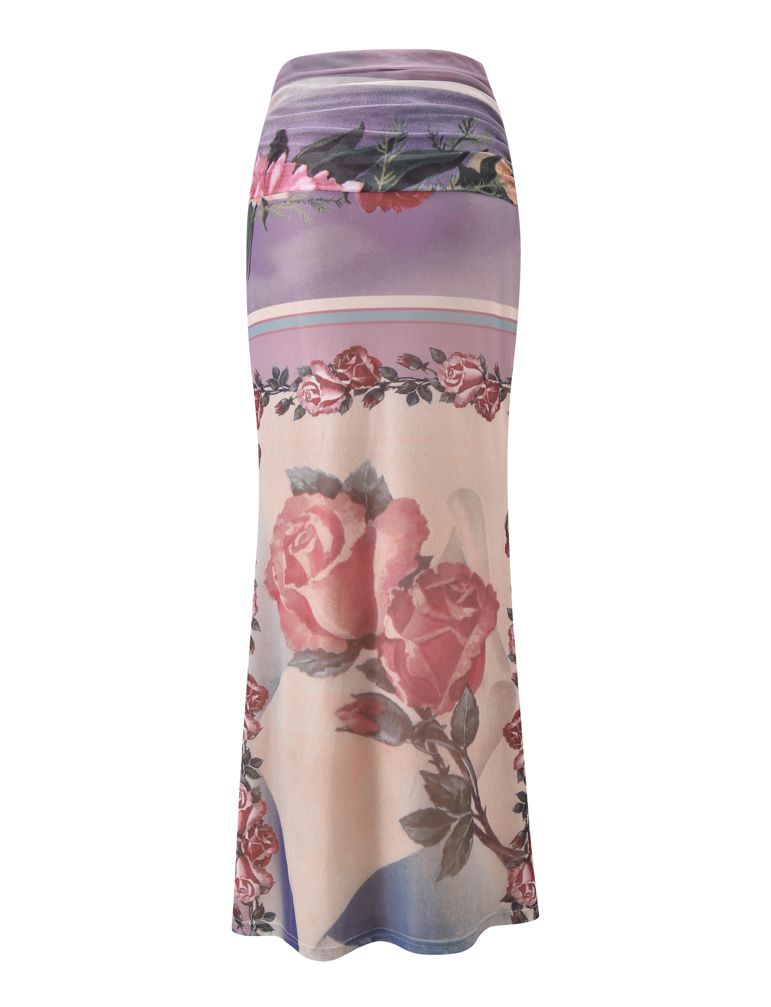 The TIGERMIST RAFFIE MAXI SKIRT - POSTCARD FLORAL is a high-waisted, A-line maxi skirt with a purple and beige gradient, adorned with large pink rose floral prints.