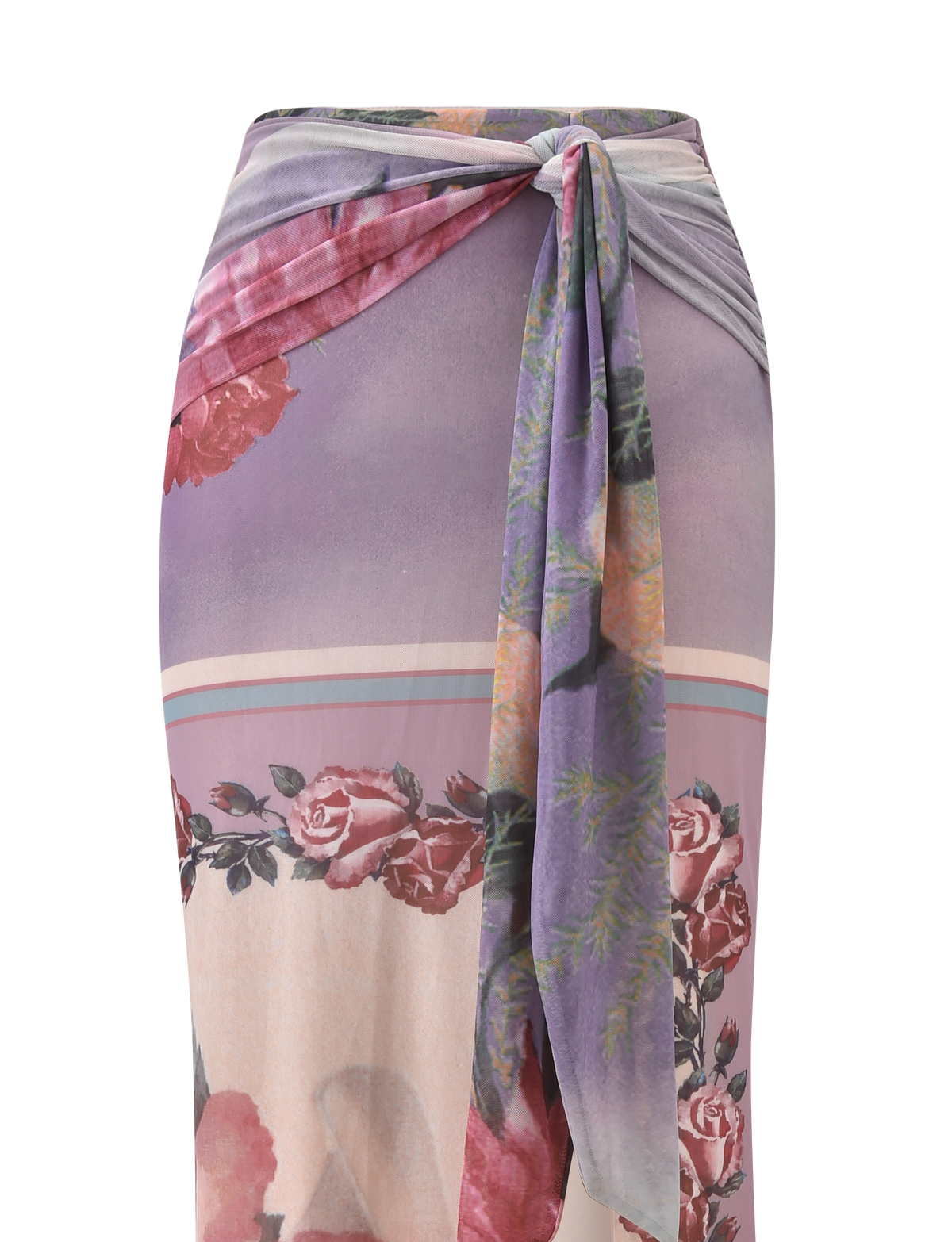 The RAFFIE MAXI SKIRT - POSTCARD FLORAL by TIGERMIST is a high-waisted maxi with a gathered waist tie and front knot, featuring pink and purple roses, green leaves, and a soft mauve-lavender gradient background.