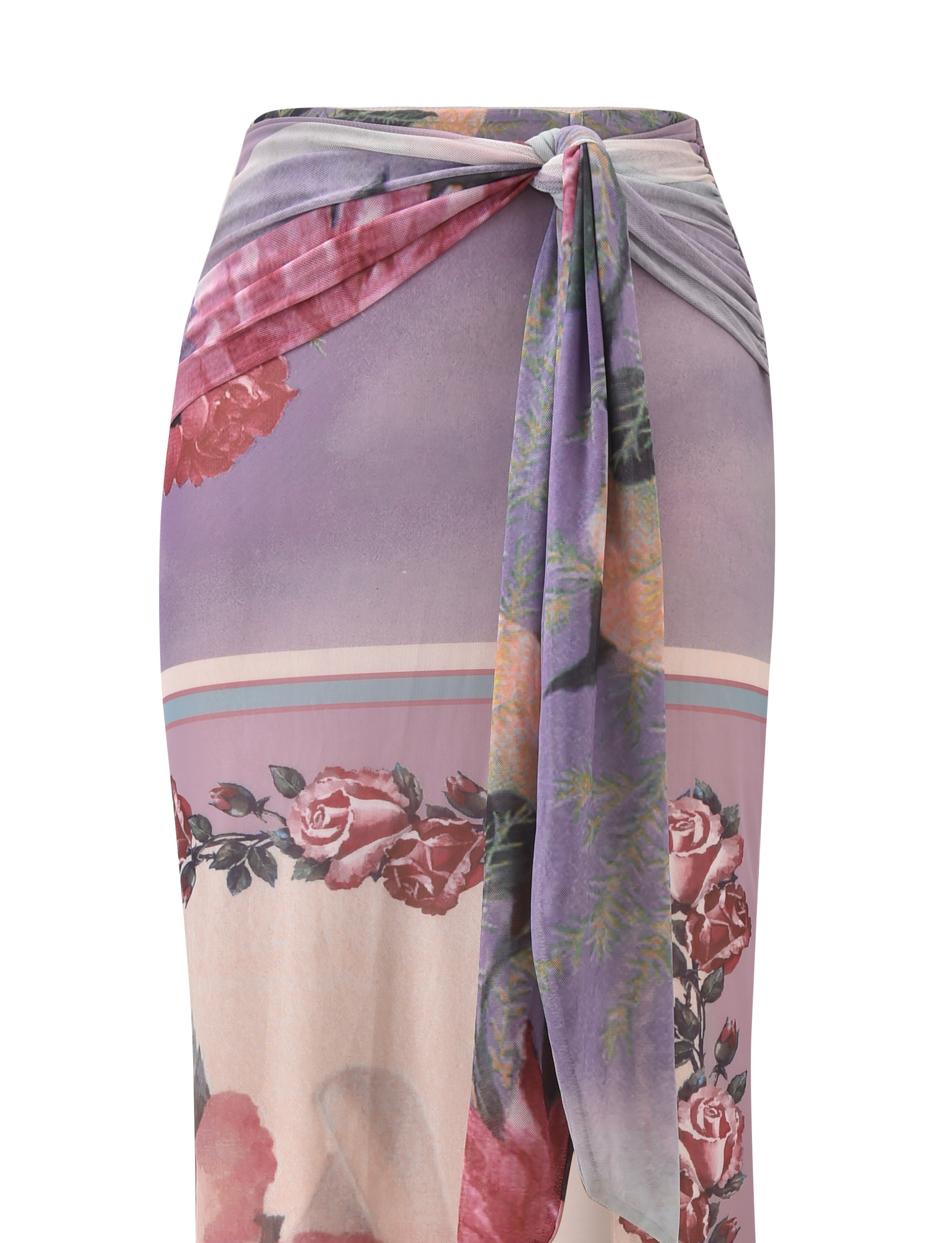The RAFFIE MAXI SKIRT - POSTCARD FLORAL by TIGERMIST is a high-waisted maxi with a gathered waist tie and front knot, featuring pink and purple roses, green leaves, and a soft mauve-lavender gradient background.