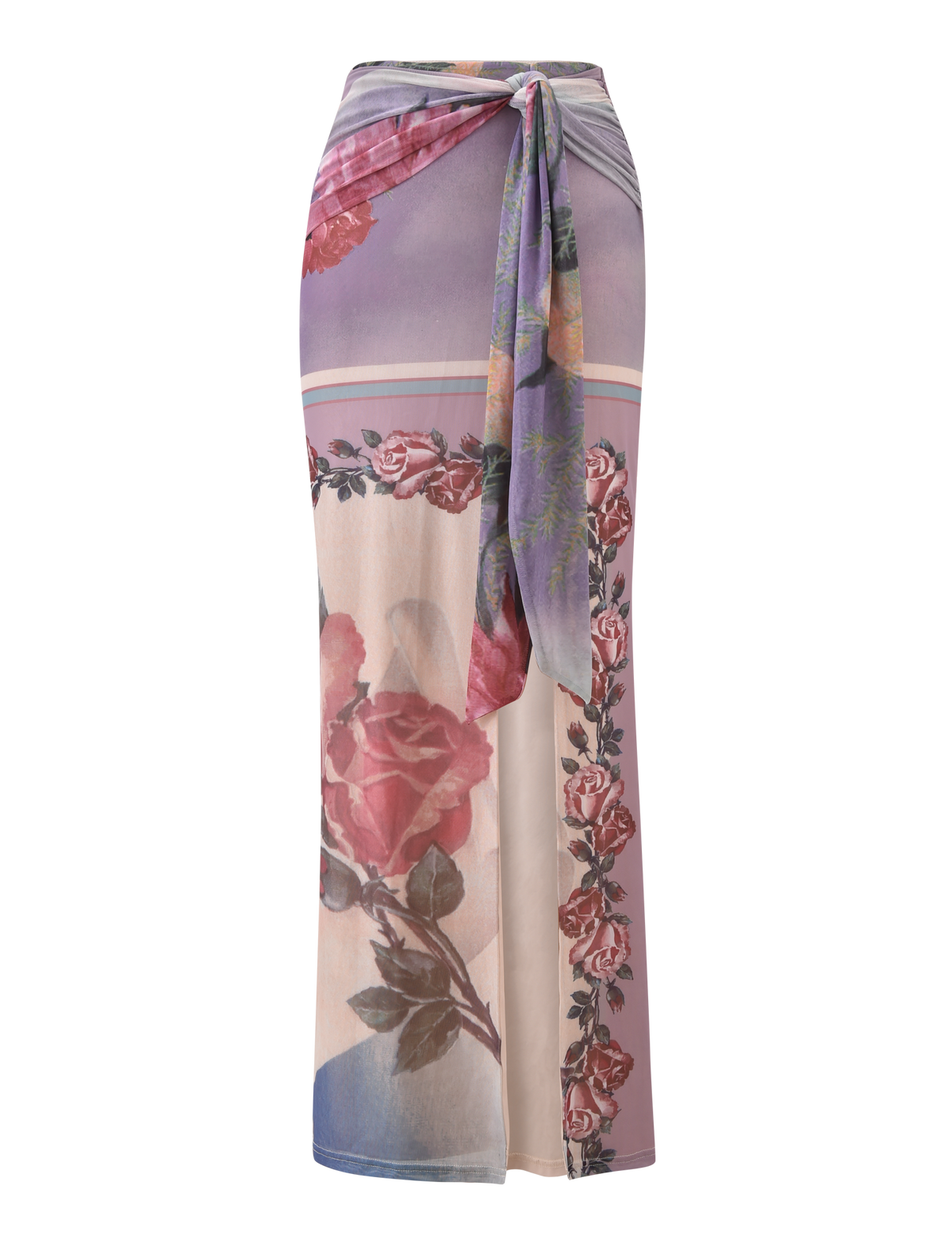The RAFFIE MAXI SKIRT - POSTCARD FLORAL by TIGERMIST features a high-waisted design with a gathered waist tie, large pink rose and vine print, color blocks in soft purple, cream, mauve, and a matching sash for an elegant look.