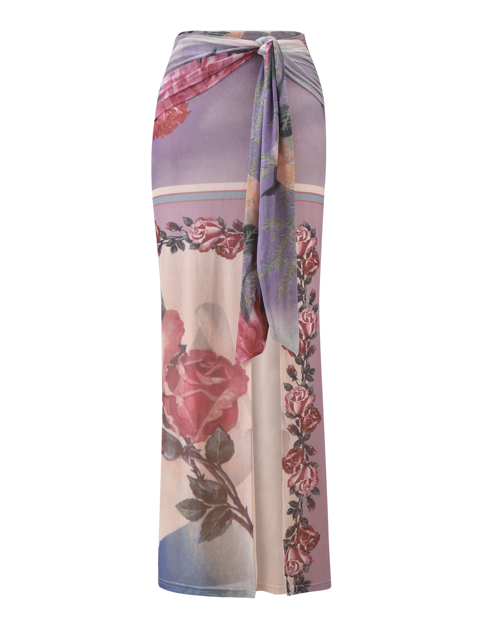 The RAFFIE MAXI SKIRT - POSTCARD FLORAL by TIGERMIST features a high-waisted design with a gathered waist tie, large pink rose and vine print, color blocks in soft purple, cream, mauve, and a matching sash for an elegant look.