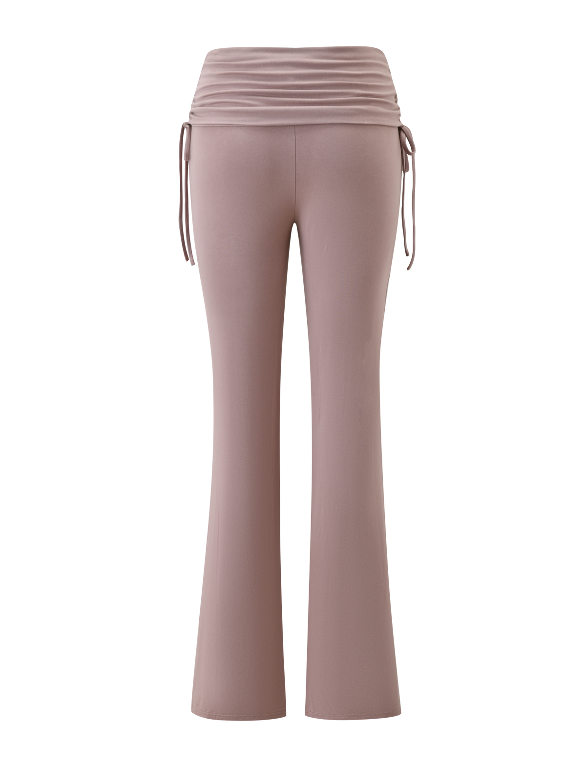 TIGERMIST's HALONA PANT - MOCHA features a light mauve mocha hue, flared silhouette, high ruched waistband, and adjustable side ties, shown against a plain white background.