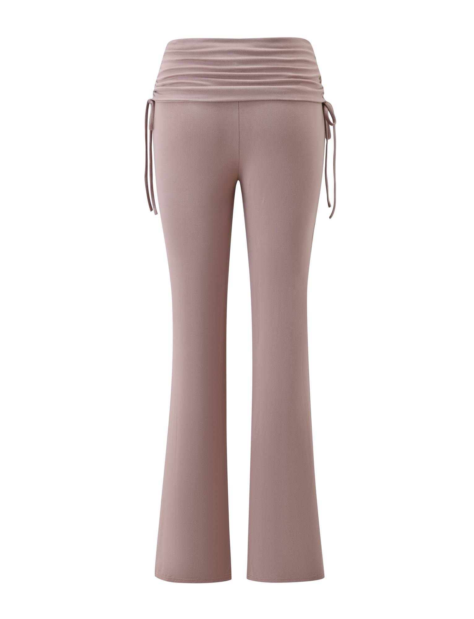 TIGERMIST's HALONA PANT - MOCHA features a light mauve mocha hue, flared silhouette, high ruched waistband, and adjustable side ties, shown against a plain white background.