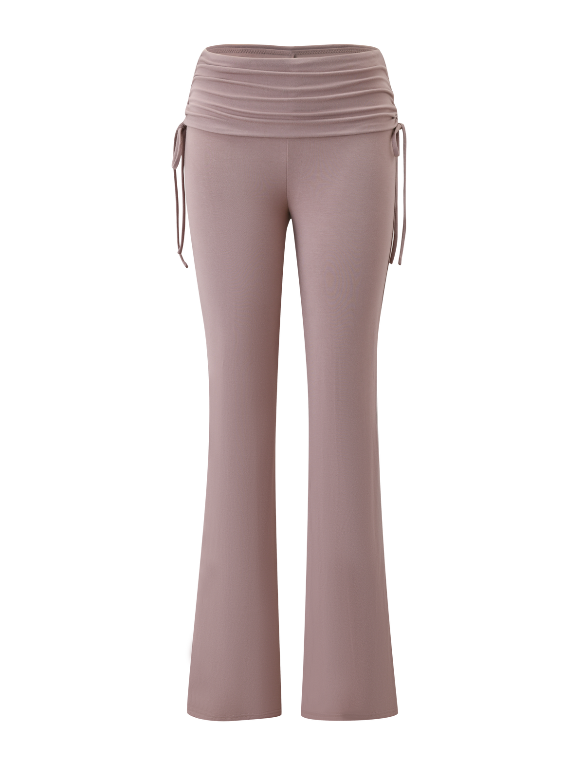The TIGERMIST HALONA PANT - MOCHA features a high waist, flared silhouette, ruched waistband, and adjustable side ties in a light mauve mocha shade, shown against a white background.