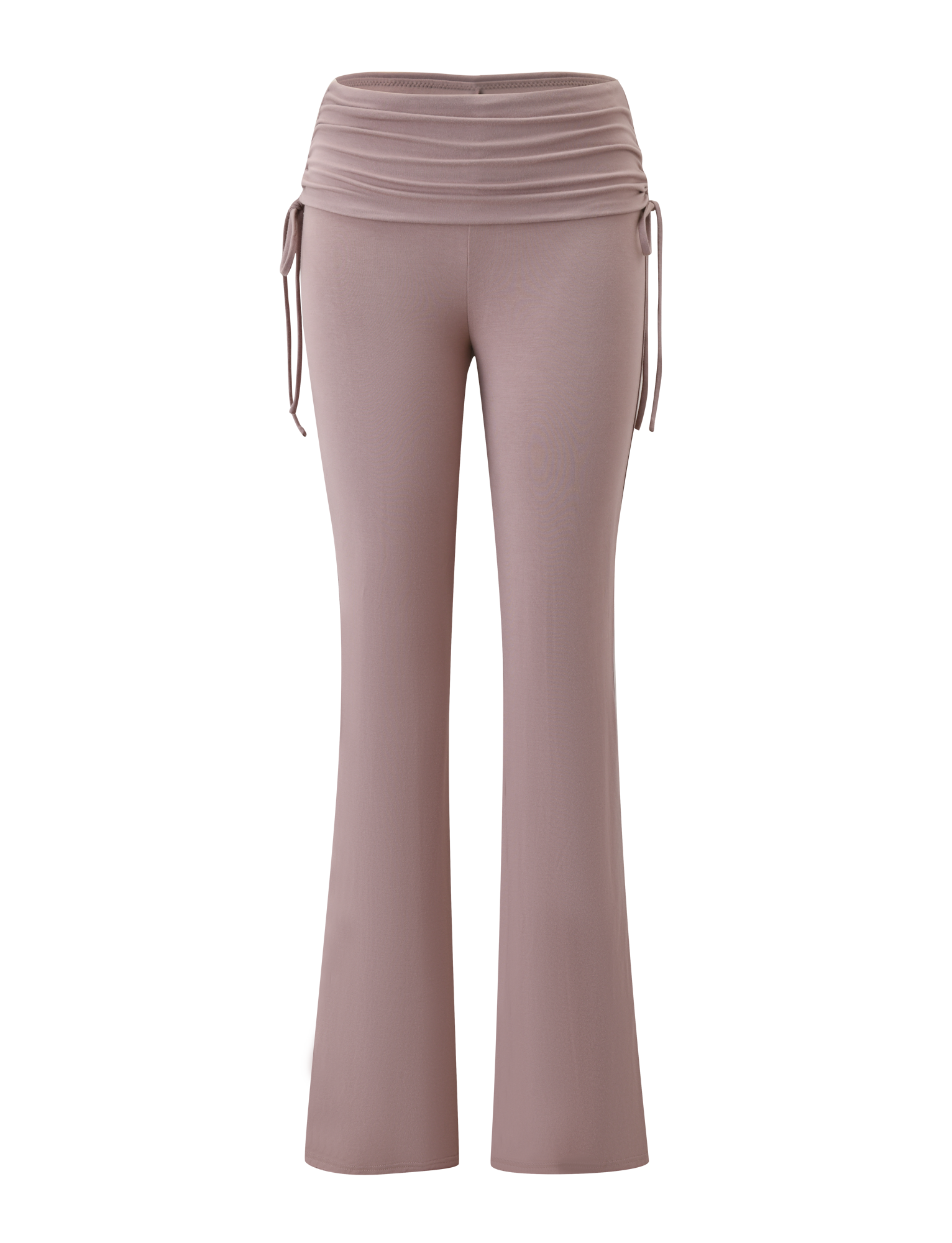 The TIGERMIST HALONA PANT - MOCHA features a high waist, flared silhouette, ruched waistband, and adjustable side ties in a light mauve mocha shade, shown against a white background.