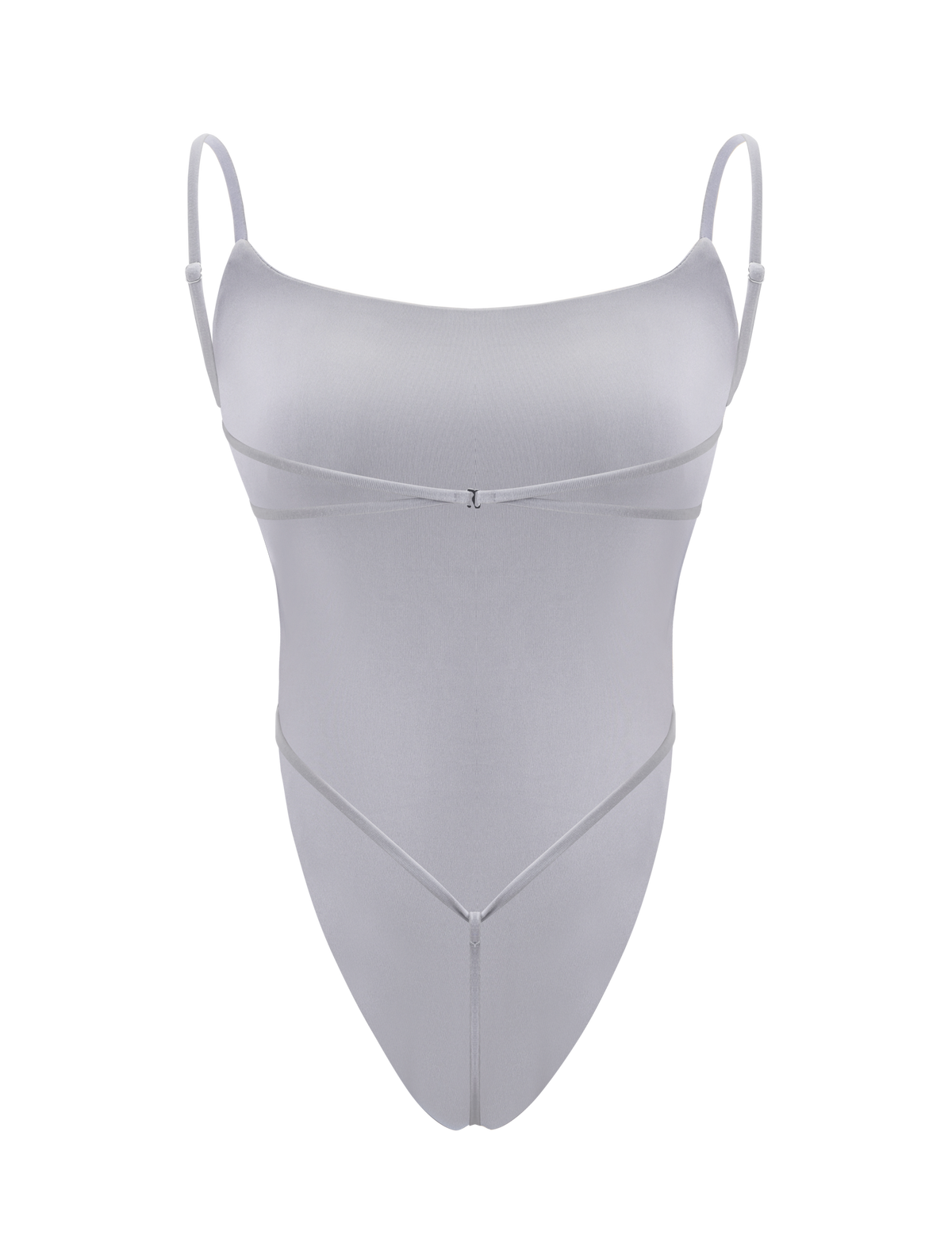 The TIGERMIST MINERVA BODYSUIT in frost grey features a light hue, sleeveless design, thin adjustable straps, scooped neckline, and delicate seam details on the chest and waist, shown against a white background.