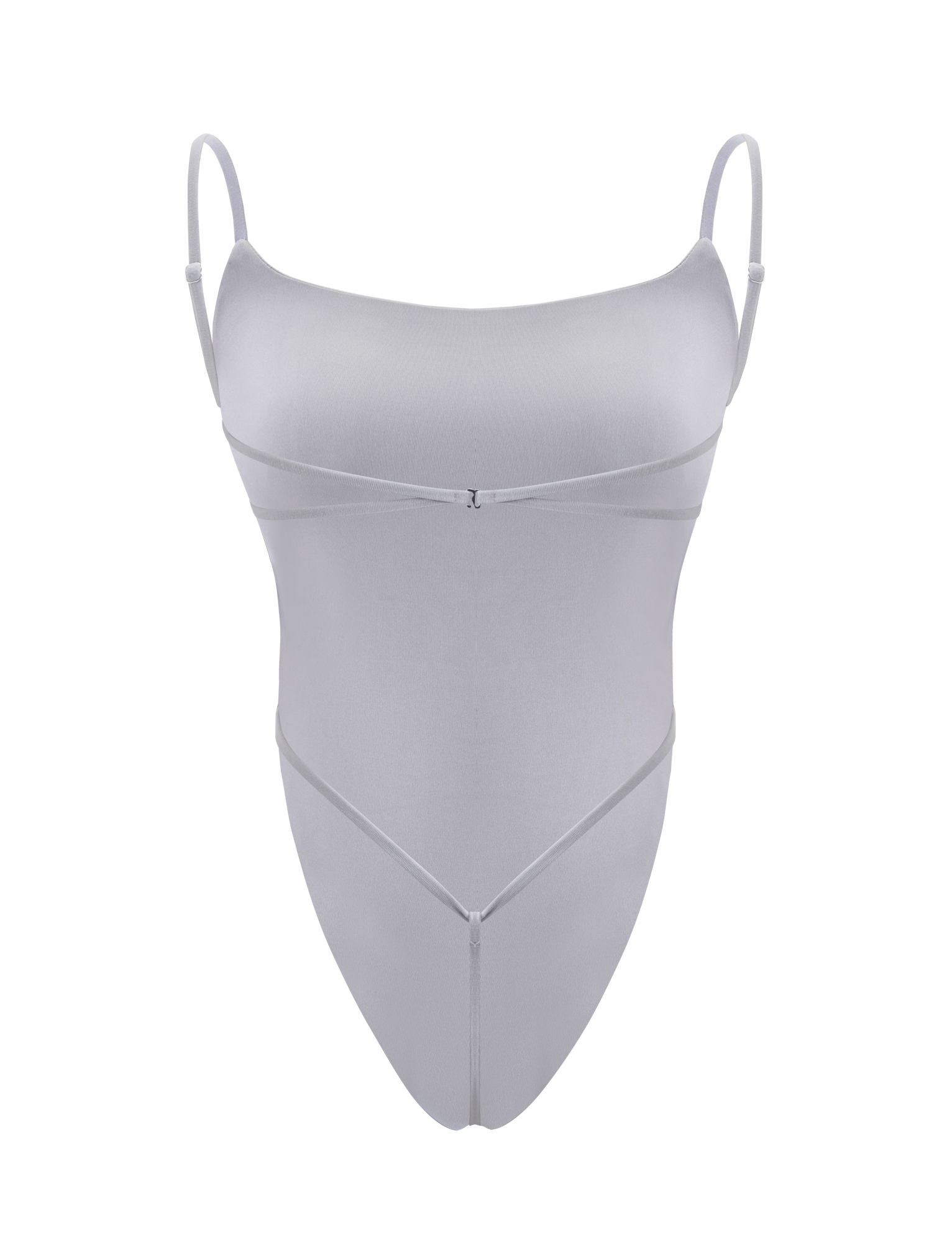 The TIGERMIST MINERVA BODYSUIT in frost grey features a light hue, sleeveless design, thin adjustable straps, scooped neckline, and delicate seam details on the chest and waist, shown against a white background.
