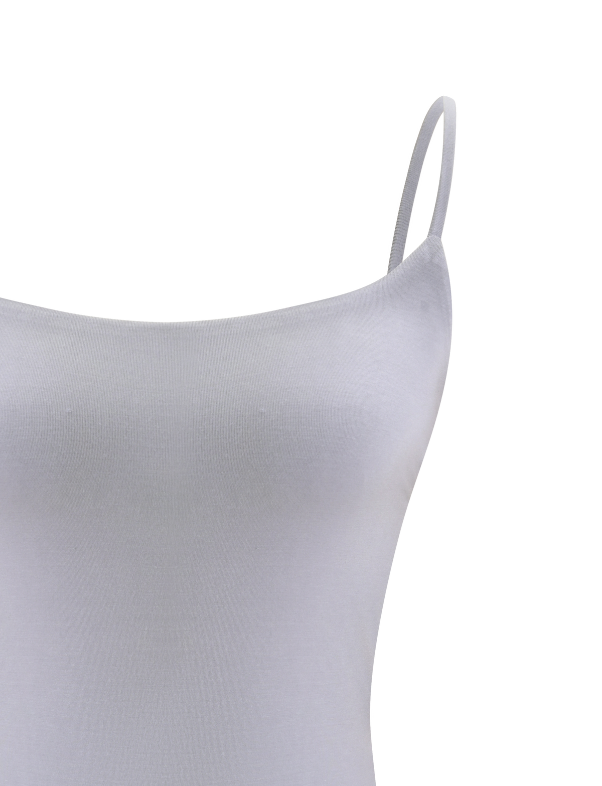 Close-up of the TIGERMIST MINERVA BODYSUIT in frost grey, showing thin spaghetti straps and the top section of this backless style against a plain white background.