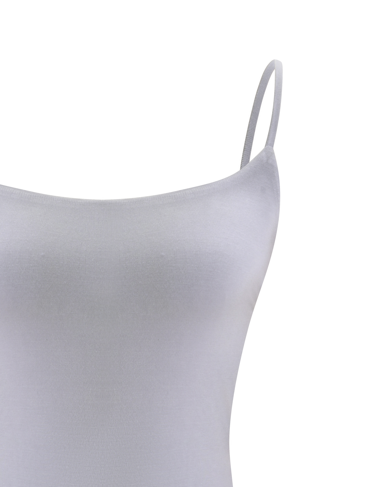 Close-up of the TIGERMIST MINERVA BODYSUIT in frost grey, showing thin spaghetti straps and the top section of this backless style against a plain white background.