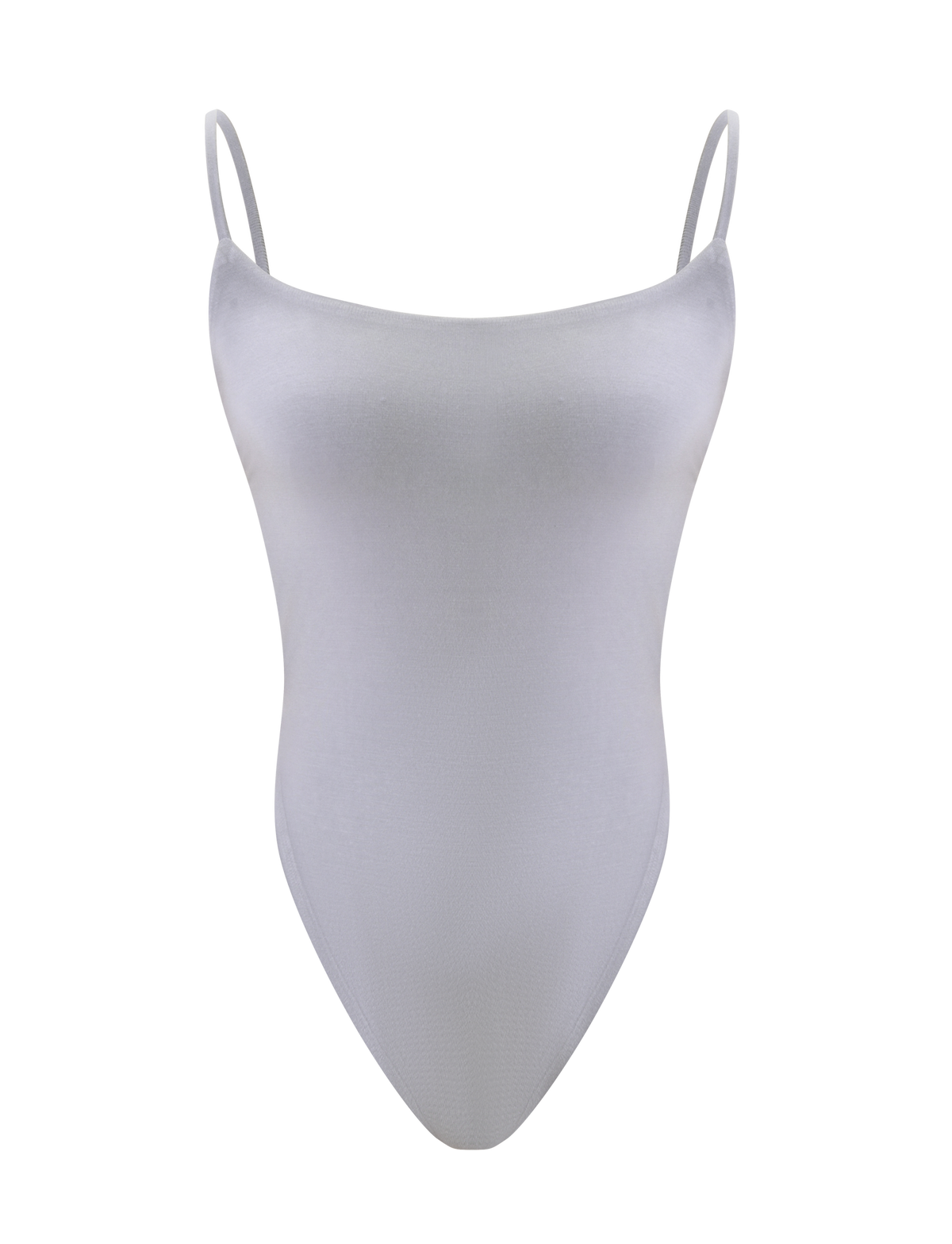 The TIGERMIST MINERVA BODYSUIT in Frost Grey features thin spaghetti straps and a smooth, form-fitting minimalist design, displayed against a white background for effortless style.