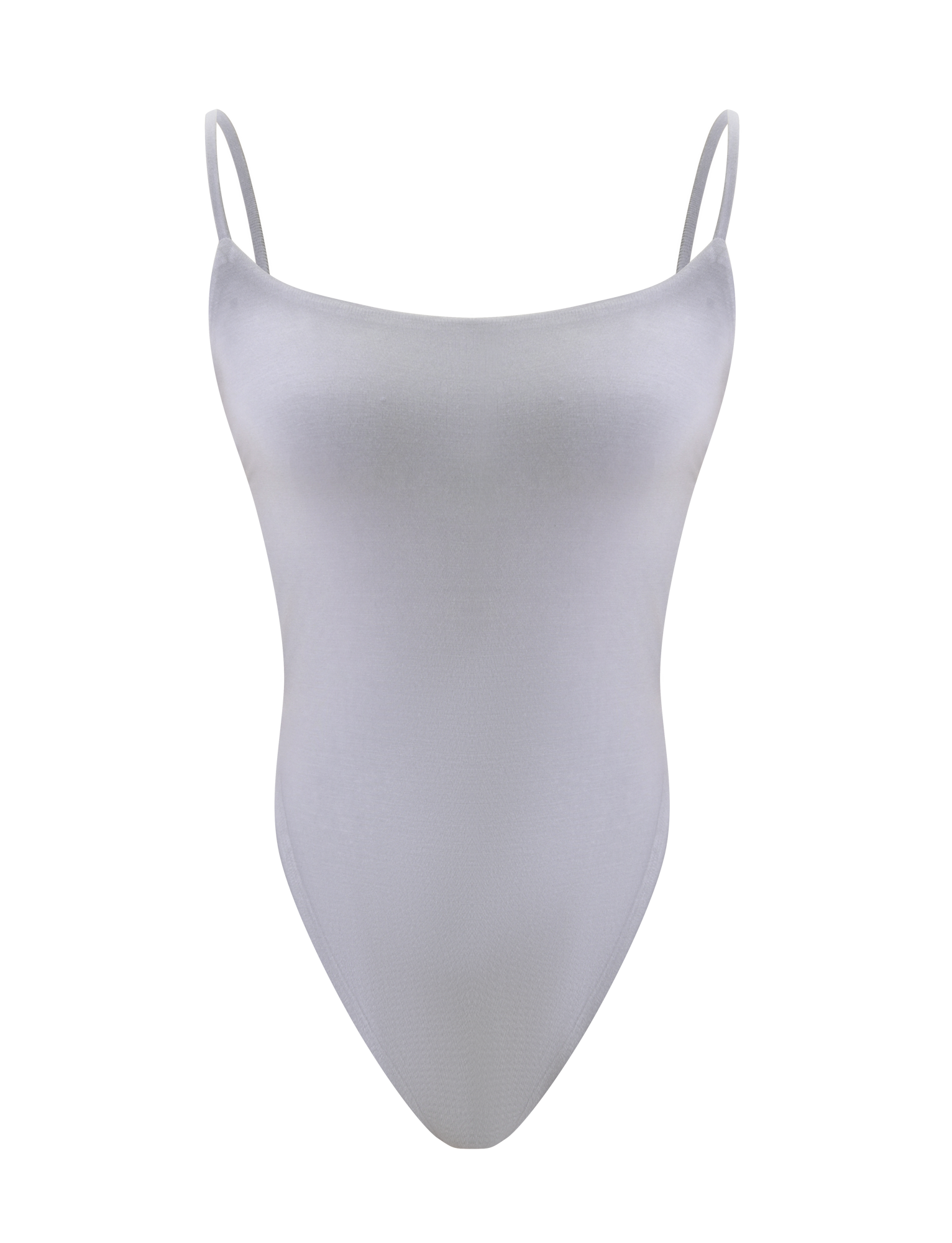 The TIGERMIST MINERVA BODYSUIT in Frost Grey features thin spaghetti straps and a smooth, form-fitting minimalist design, displayed against a white background for effortless style.