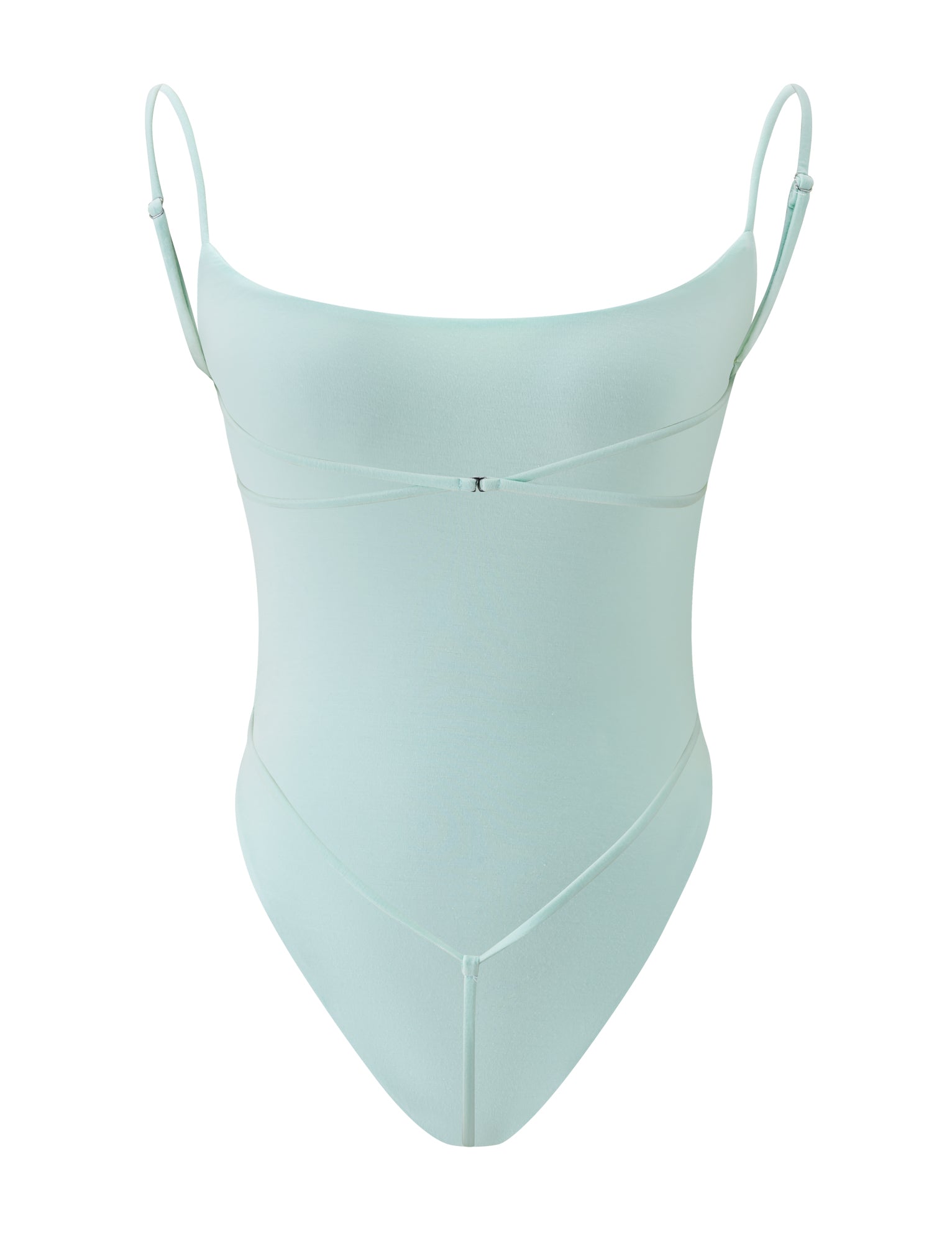 Introducing the MINERVA BODYSUIT in Mint by TIGERMIST—a light mint one-piece featuring thin adjustable spaghetti straps and a subtle sweetheart neckline, accented with a small silver detail at the center front. Reminiscent of your favorite summer bodysuit, this piece offers a smooth fabric texture and minimal seam detailing for an effortlessly sleek look.