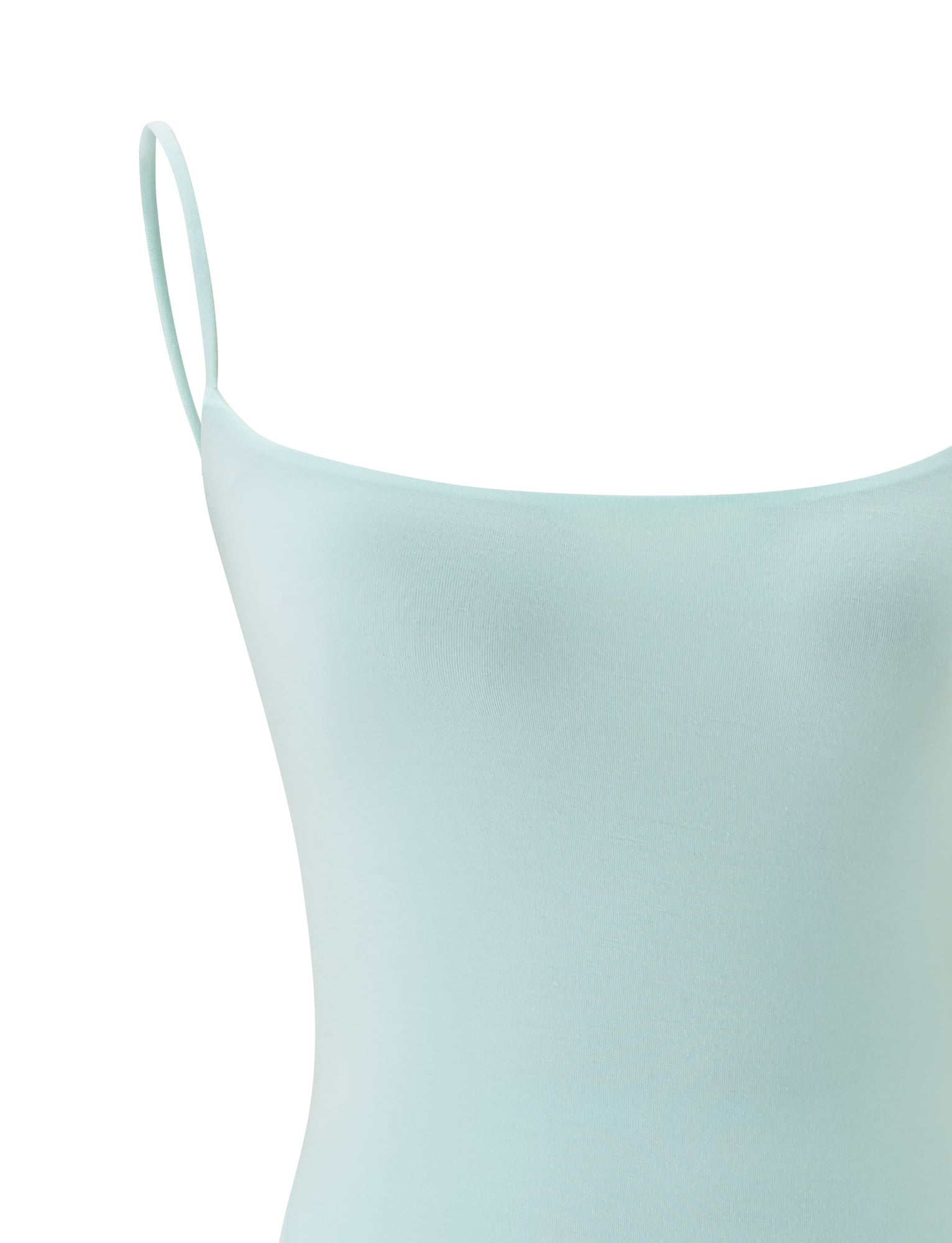 The MINERVA BODYSUIT by TIGERMIST is featured here in a mint shade. This sleeveless, fitted garment with delicate spaghetti straps is showcased from the chest up against a white background, highlighting its smooth, stylish summer appeal.