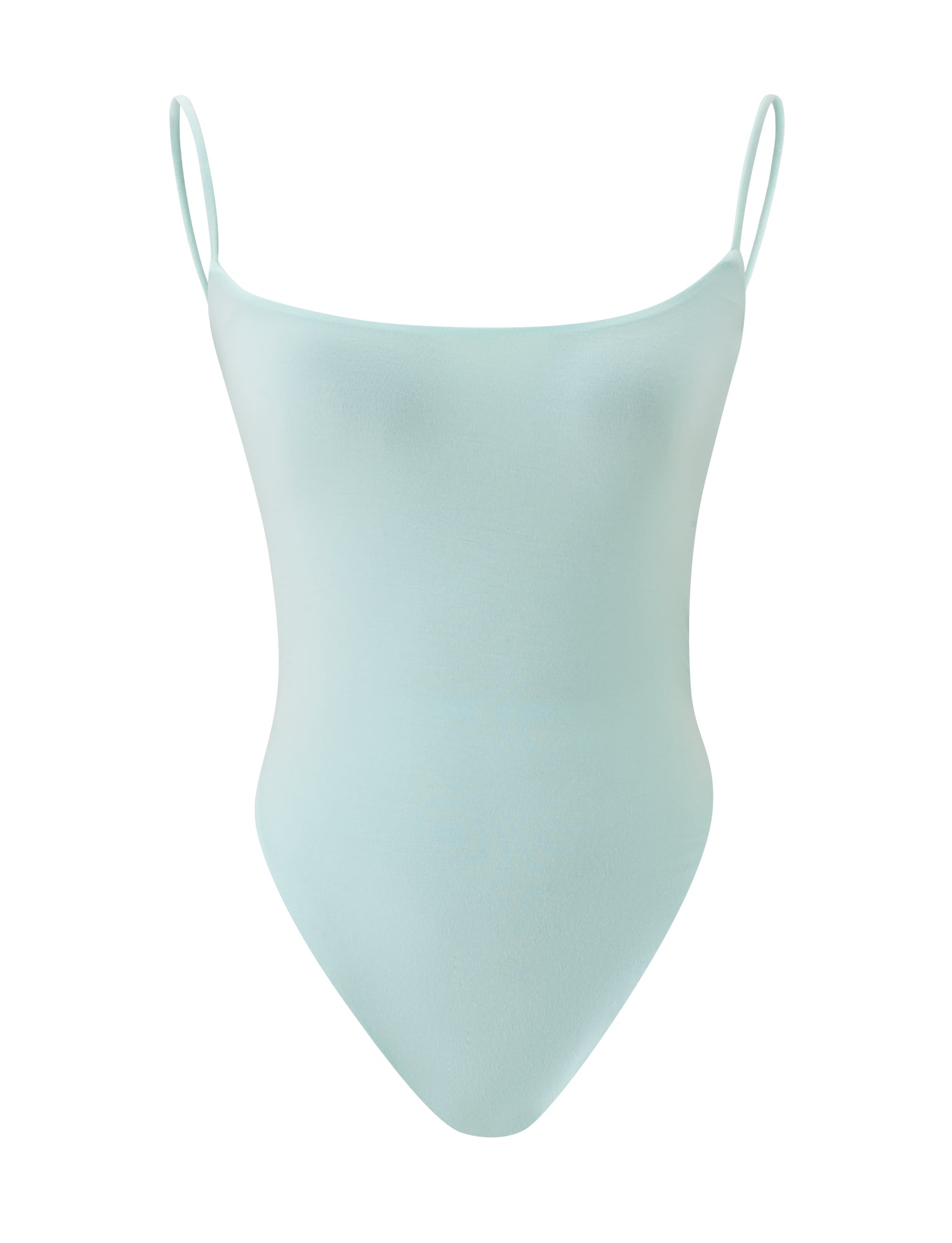 The MINERVA BODYSUIT - MINT by TIGERMIST features a minimalist, light mint design with thin spaghetti straps, reminiscent of a backless bodysuit, and is displayed on a plain white background.