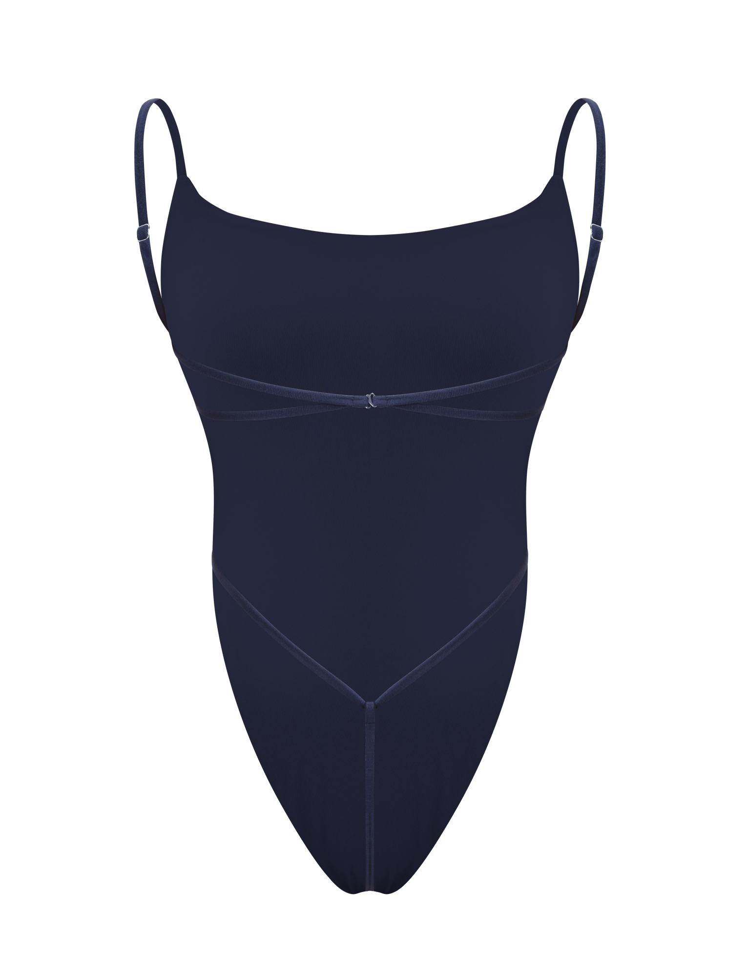 The TIGERMIST MINERVA BODYSUIT - NAVY is a one-piece featuring thin adjustable spaghetti straps and subtle seam detailing, shown against a plain white background.
