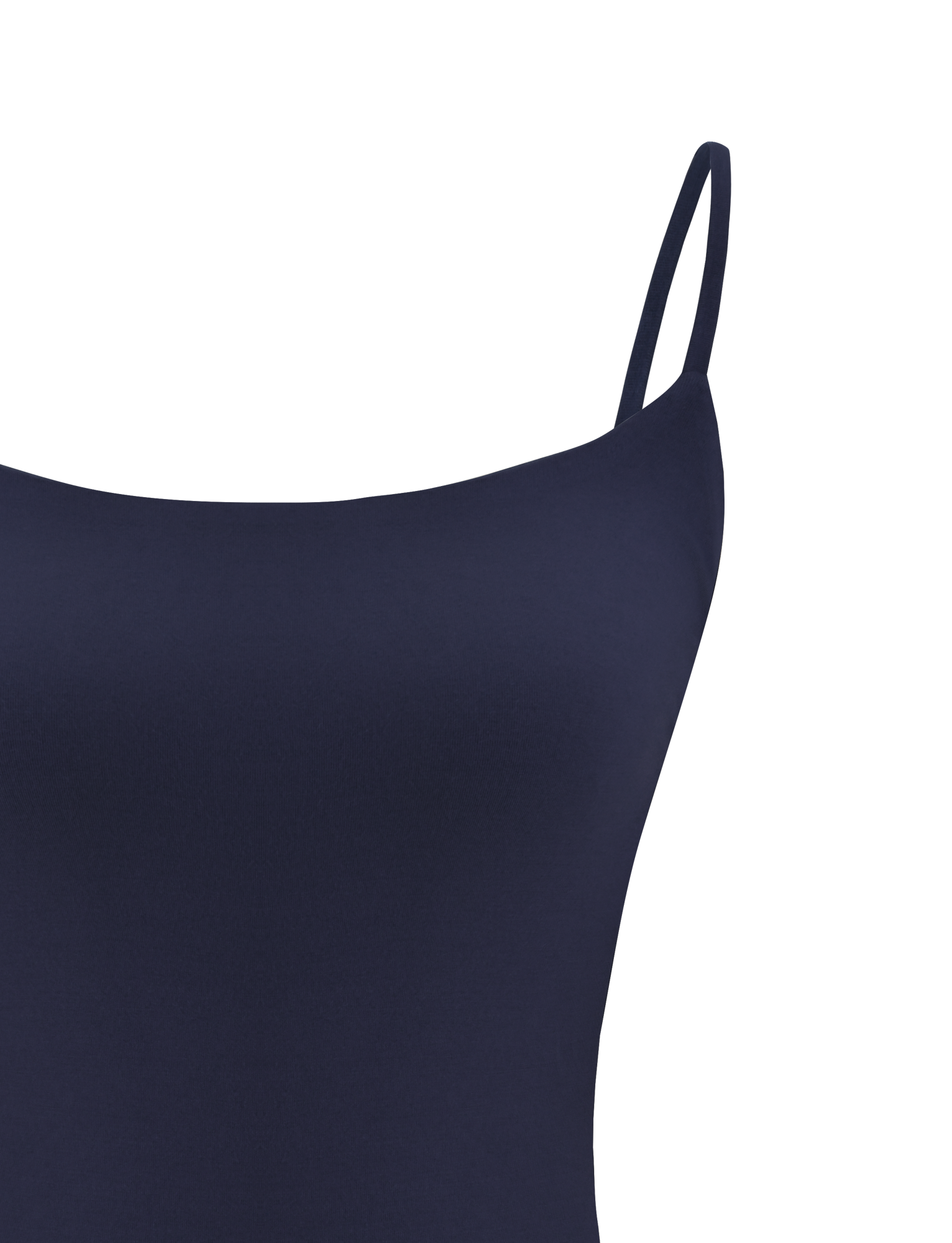 Close-up of the TIGERMIST MINERVA BODYSUIT in navy, featuring thin spaghetti straps, set against a plain white background.