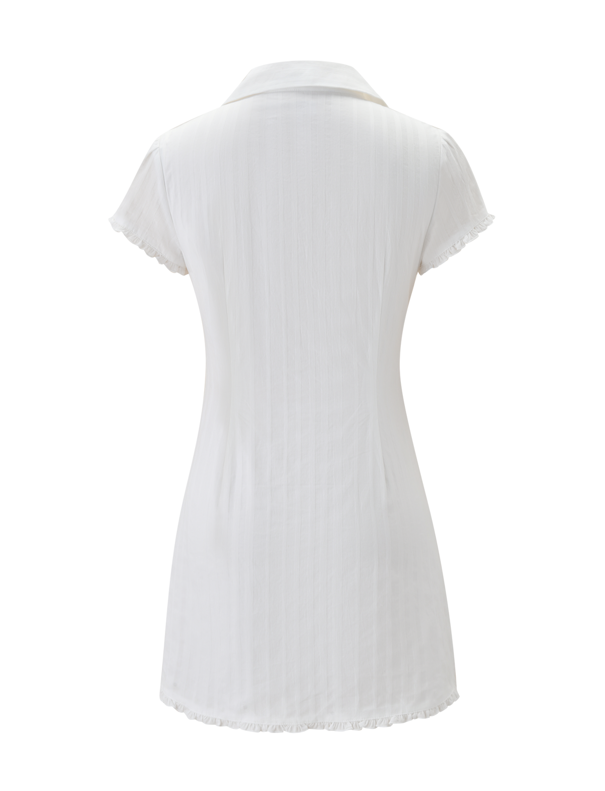 Back view of the TIGERMIST VALERIE MINI DRESS in white cotton with subtle vertical stripes and delicate ruffle trim on the short sleeves and hem, shown against a plain white background.