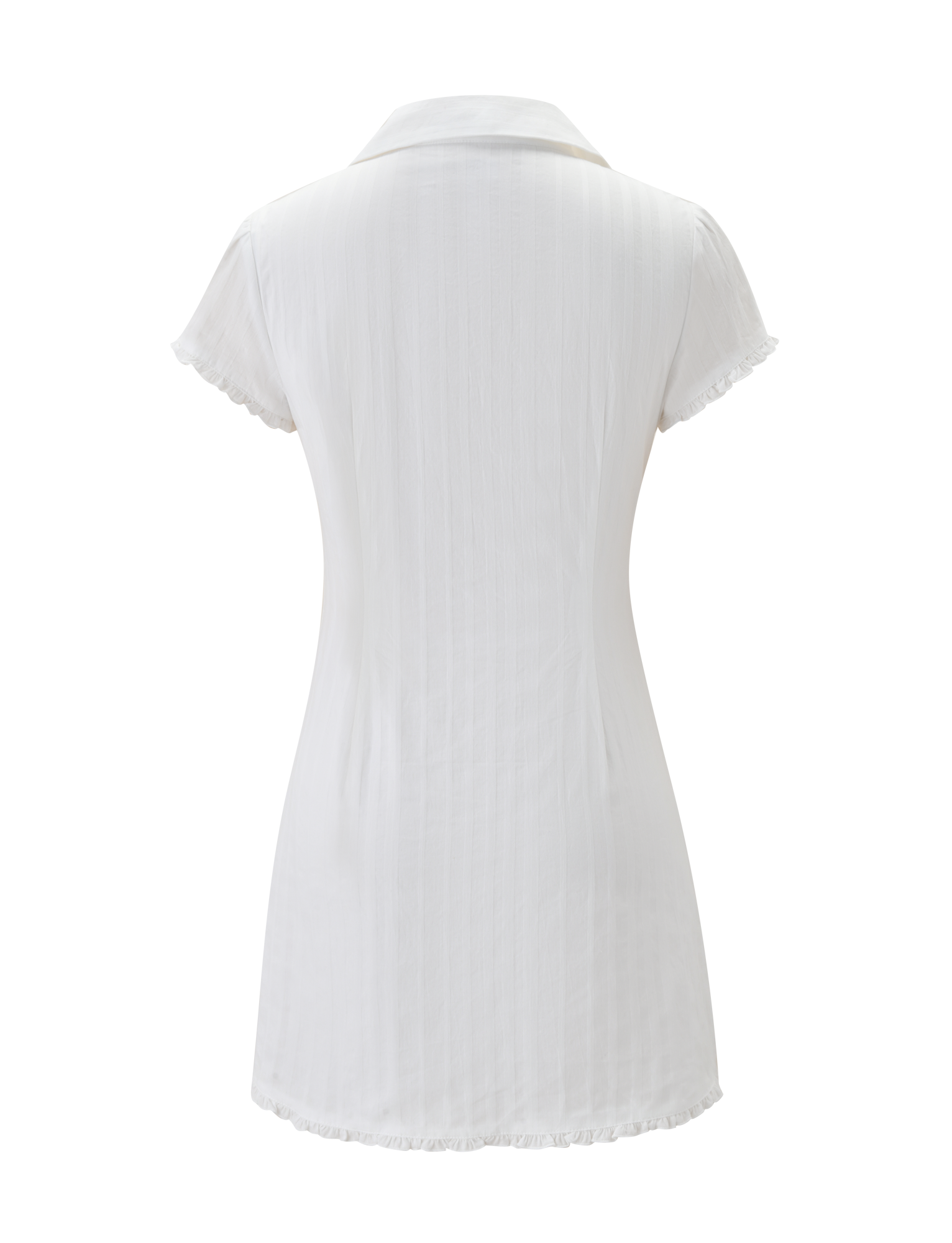 Back view of the TIGERMIST VALERIE MINI DRESS in white cotton with subtle vertical stripes and delicate ruffle trim on the short sleeves and hem, shown against a plain white background.