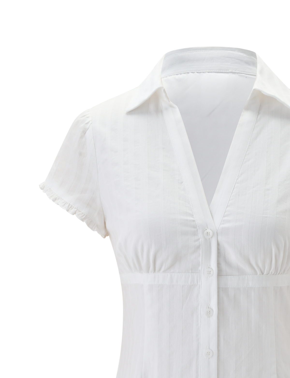 The VALERIE MINI DRESS - WHITE by TIGERMIST, featuring a v-neck, button front, fitted waist, and pointed collar, is shown on a headless mannequin against a plain background.