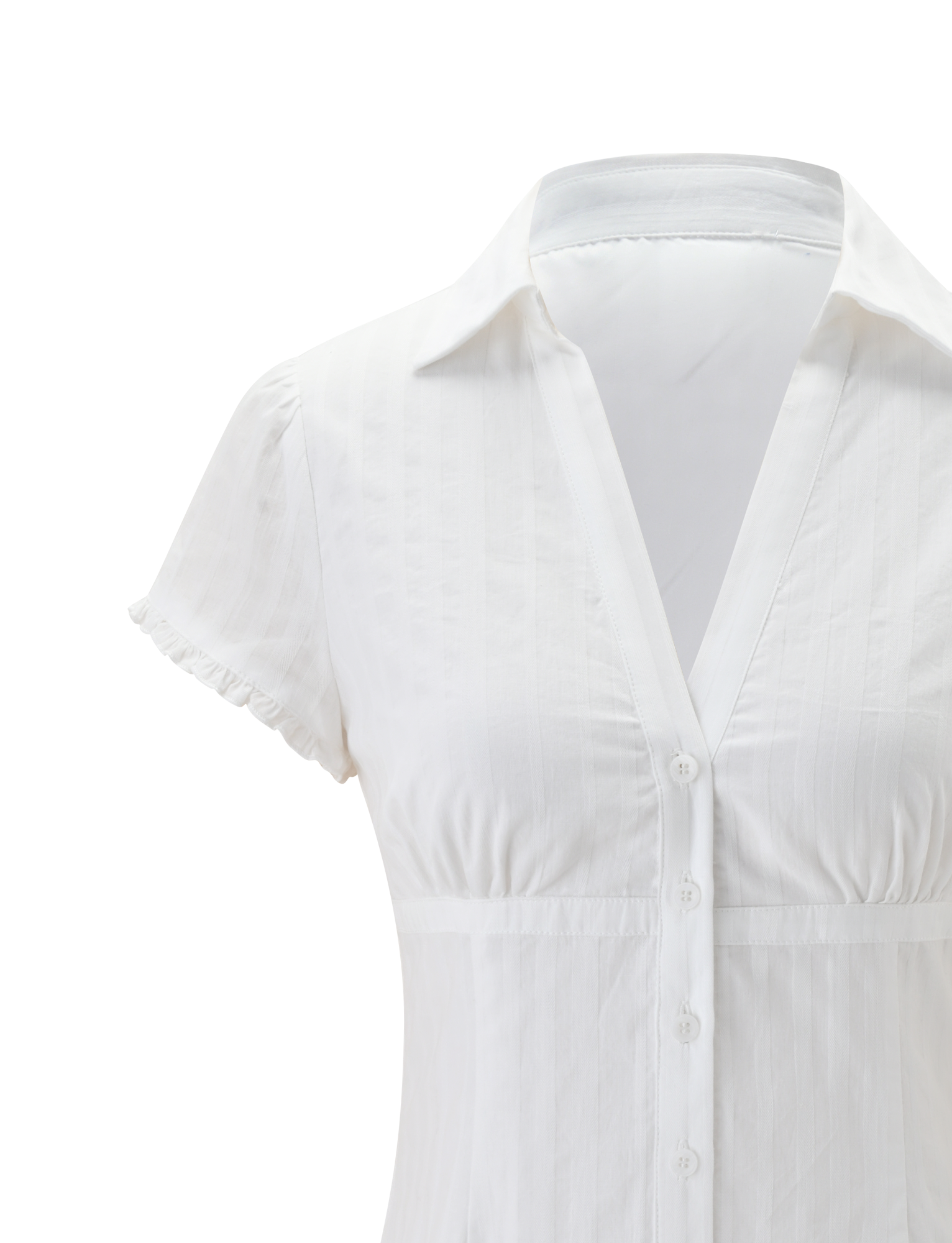 The VALERIE MINI DRESS - WHITE by TIGERMIST, featuring a v-neck, button front, fitted waist, and pointed collar, is shown on a headless mannequin against a plain background.
