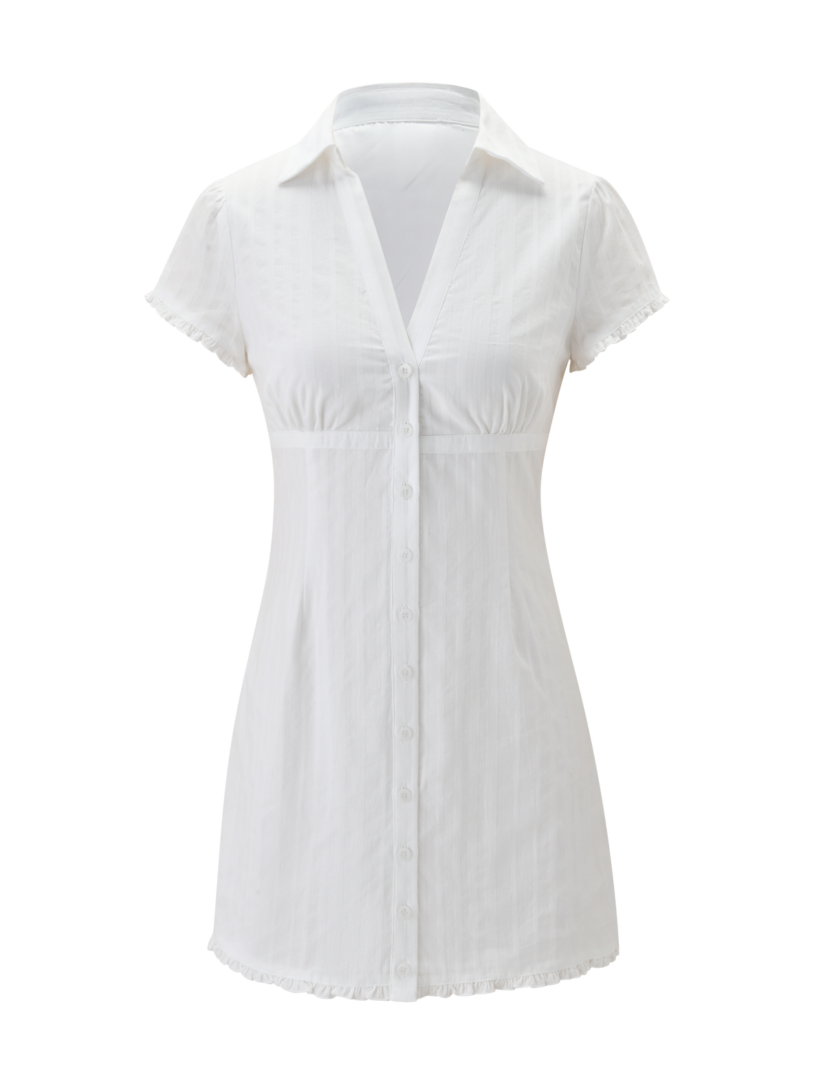 The VALERIE MINI DRESS - WHITE by TIGERMIST is a white cotton mini dress with a V-neckline, fitted waist, short frill sleeves, collar, and delicate ruffle details on the sleeves and hem for added charm.