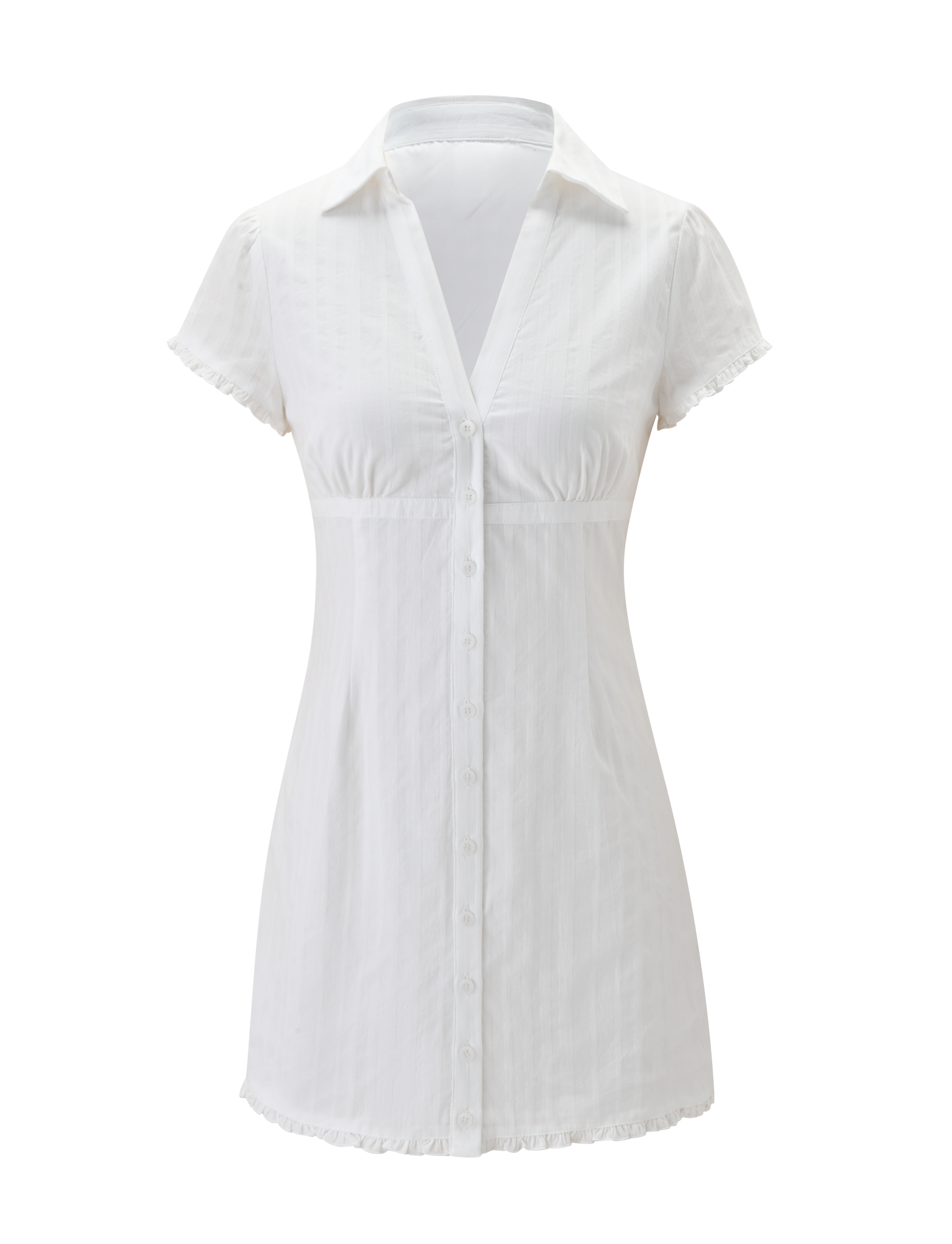 The VALERIE MINI DRESS - WHITE by TIGERMIST is a white cotton mini dress with a V-neckline, fitted waist, short frill sleeves, collar, and delicate ruffle details on the sleeves and hem for added charm.