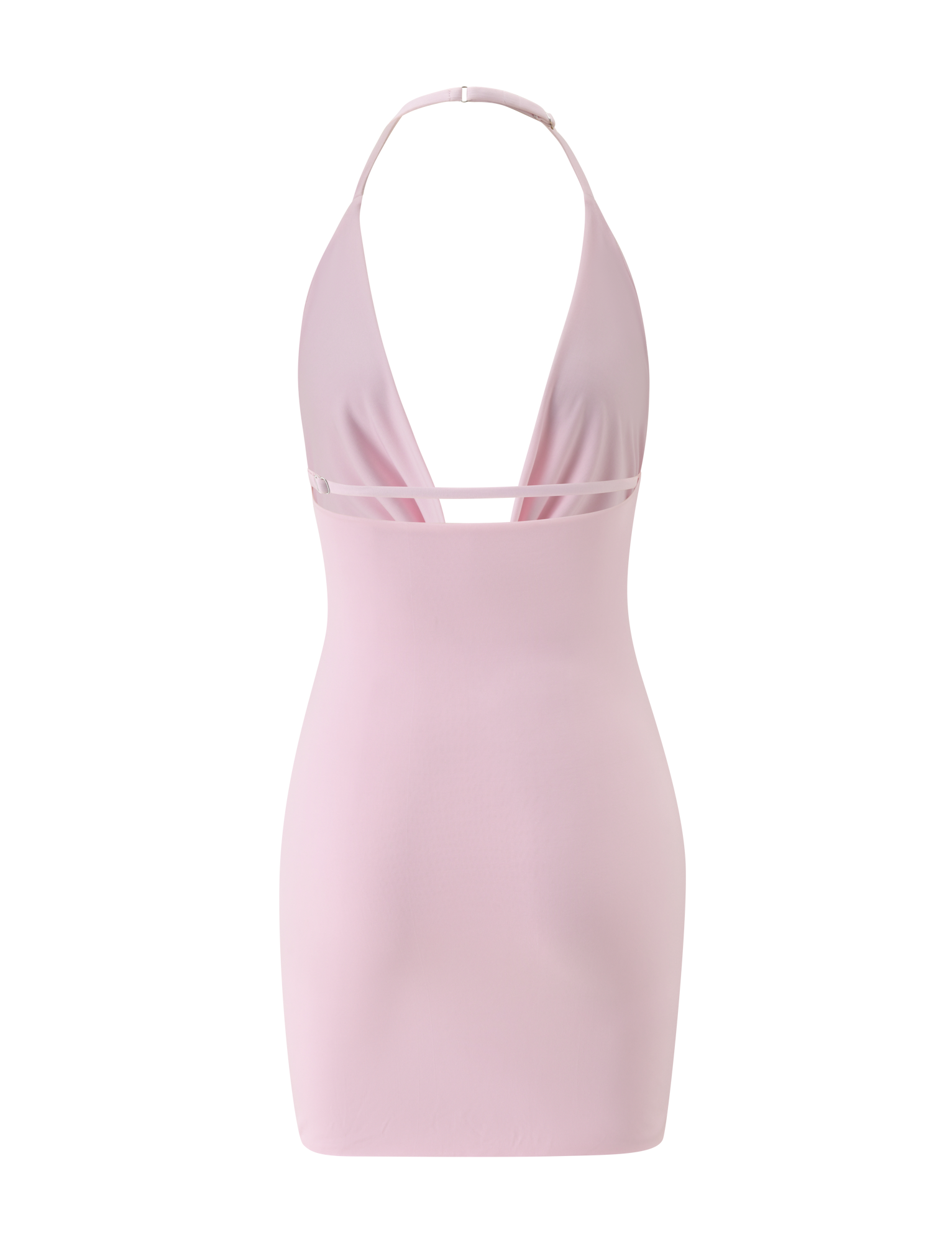 The THARA MINI DRESS by TIGERMIST in baby pink showcases a halter neck, deep V-neckline, and minimalist style with a fitted silhouette and subtle band below the bust—ideal for chic summer outings.