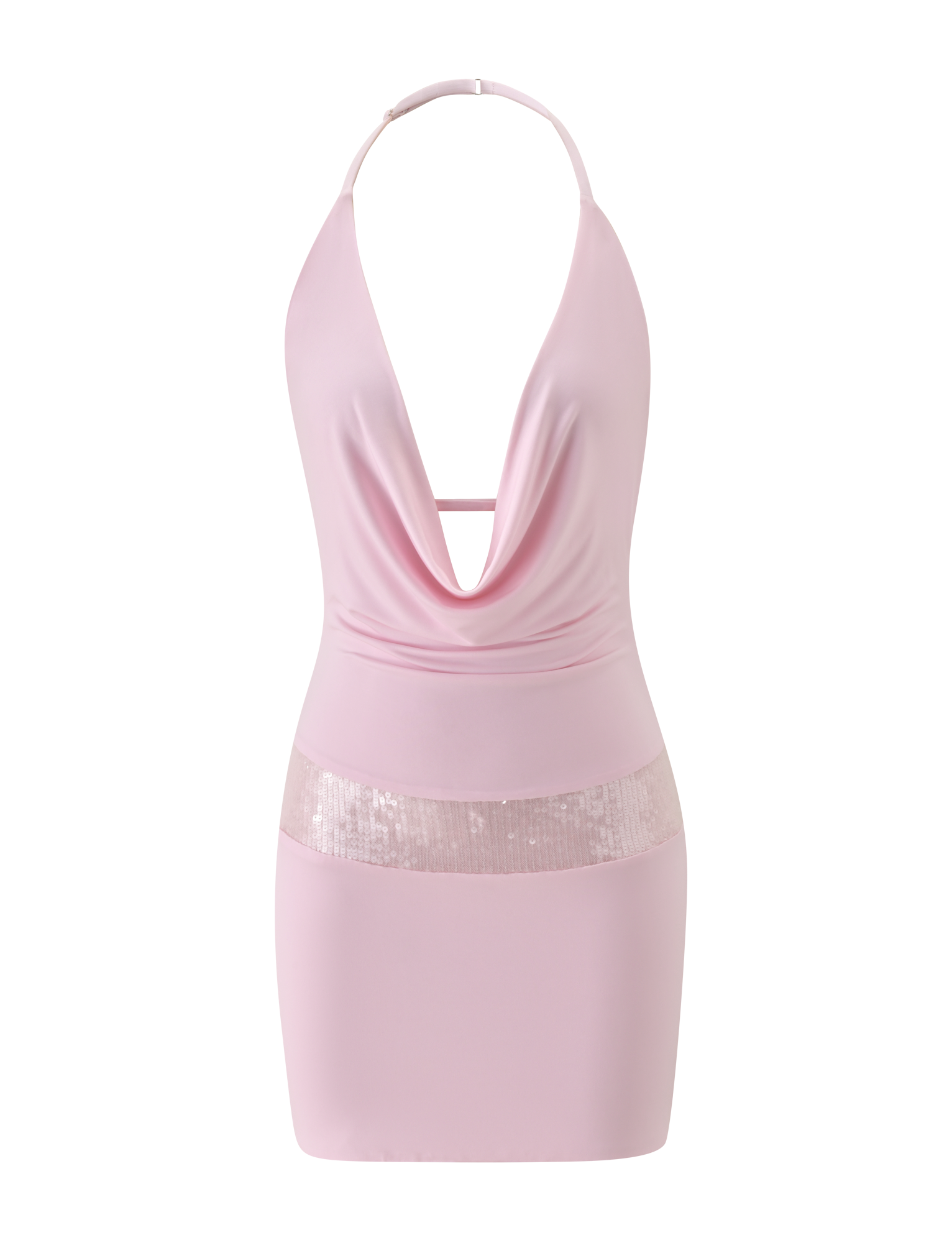 The TIGERMIST THARA MINI DRESS in baby pink features a halter neck, deep cowl neckline, shiny sequin waist panel, and a form-fitting silhouette, shown on a plain white background.